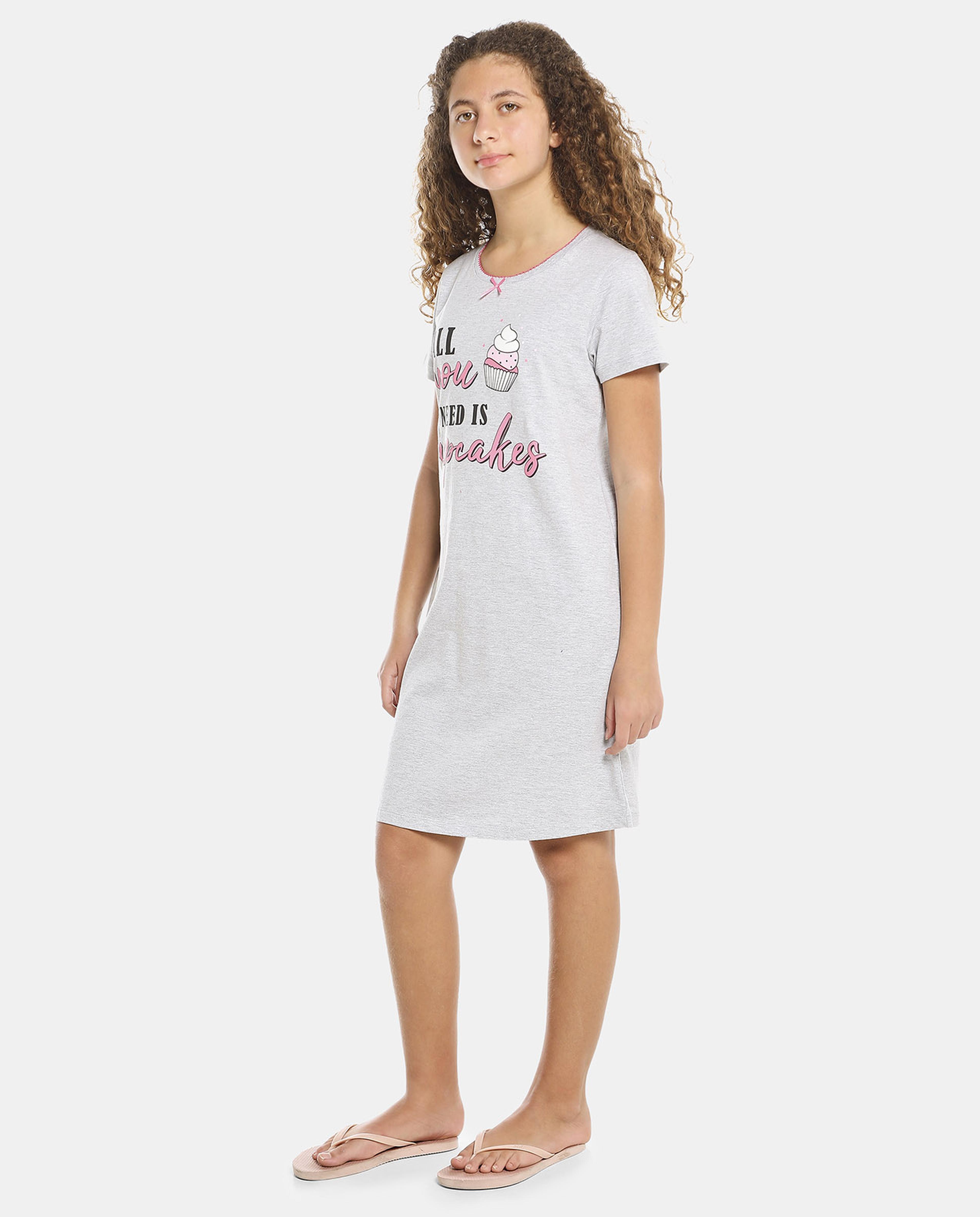 Grey Printed Ankle Length Night Dress