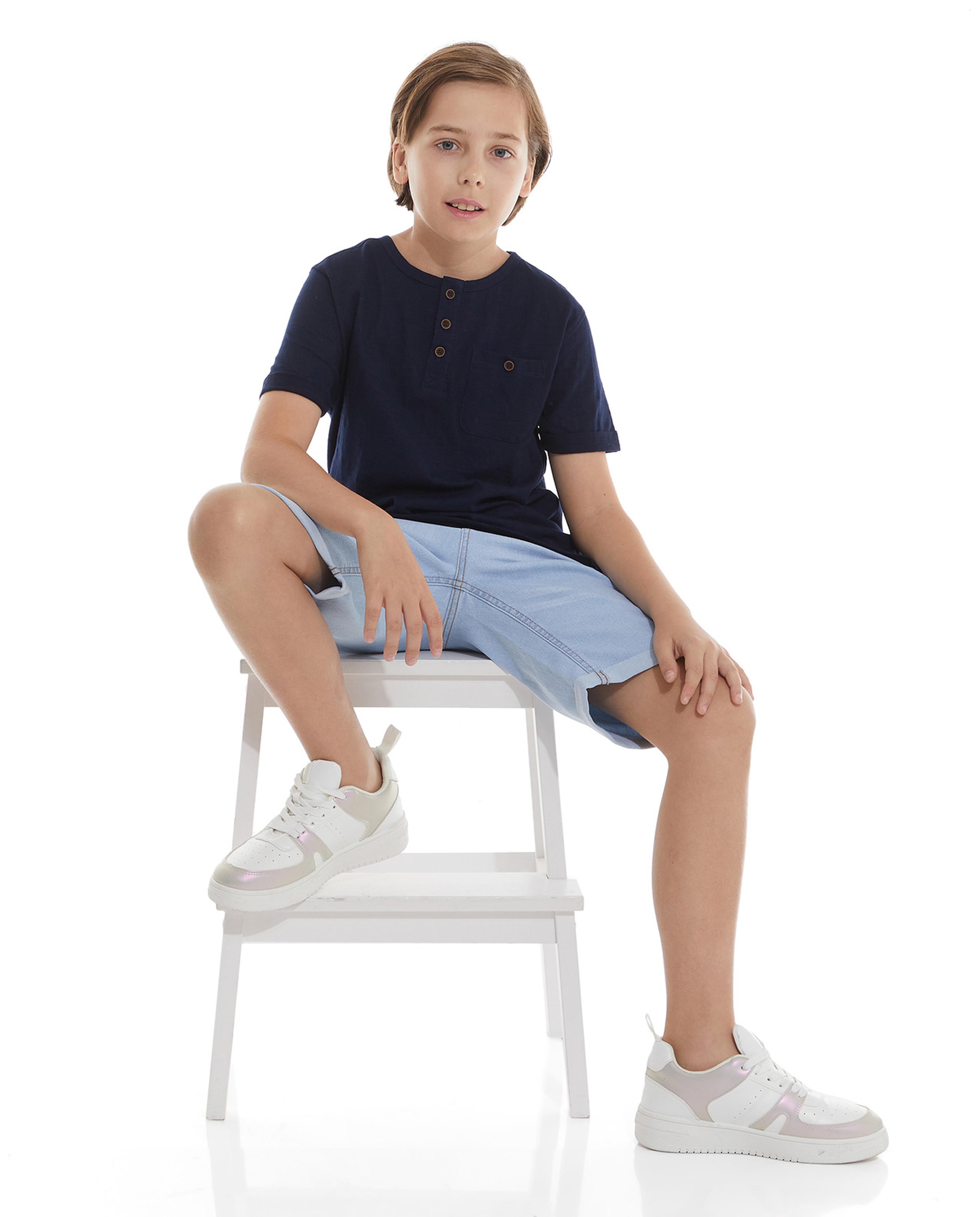 Solid T-Shirt with Henley Neck and Short Sleeves