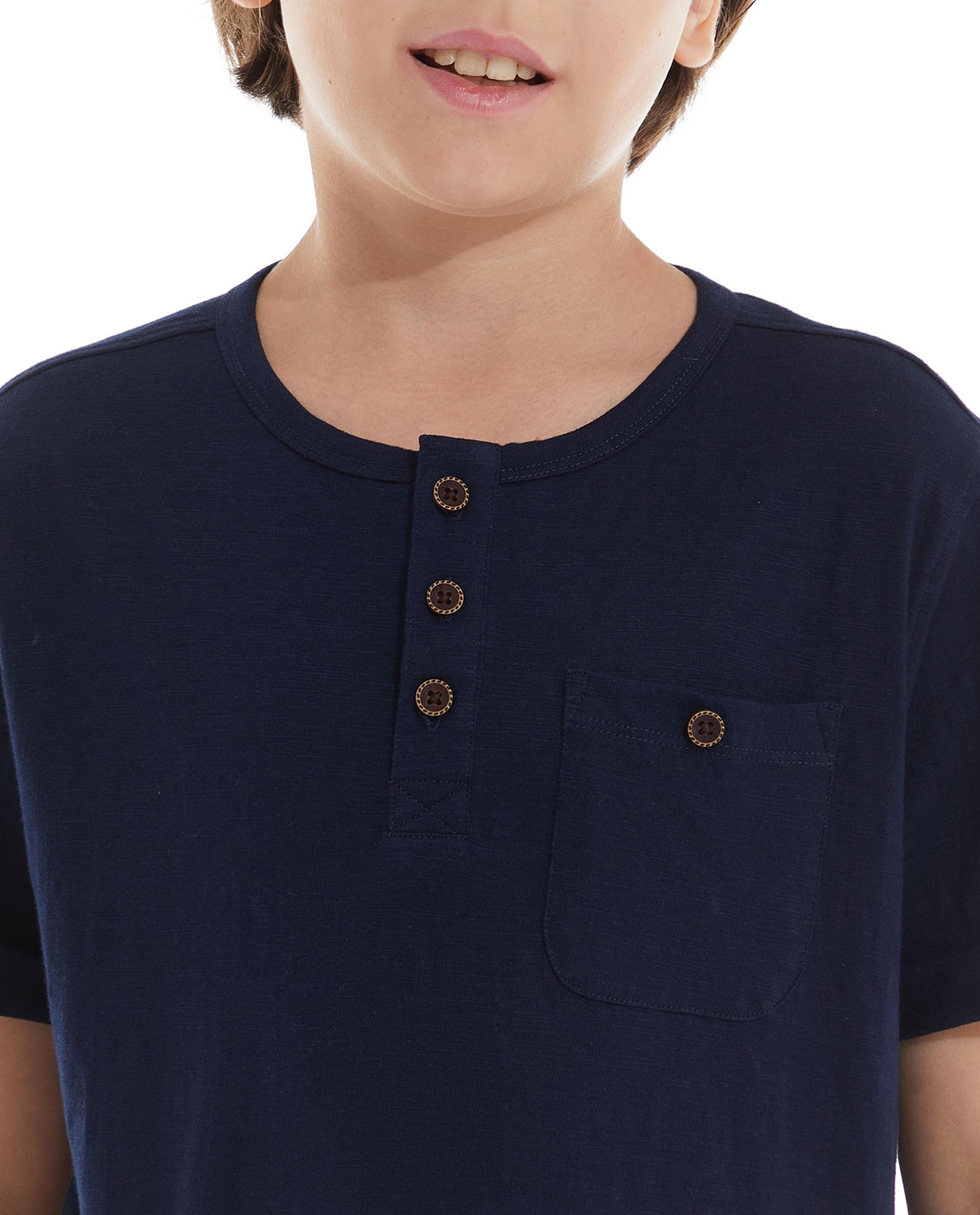 Solid T-Shirt with Henley Neck and Short Sleeves