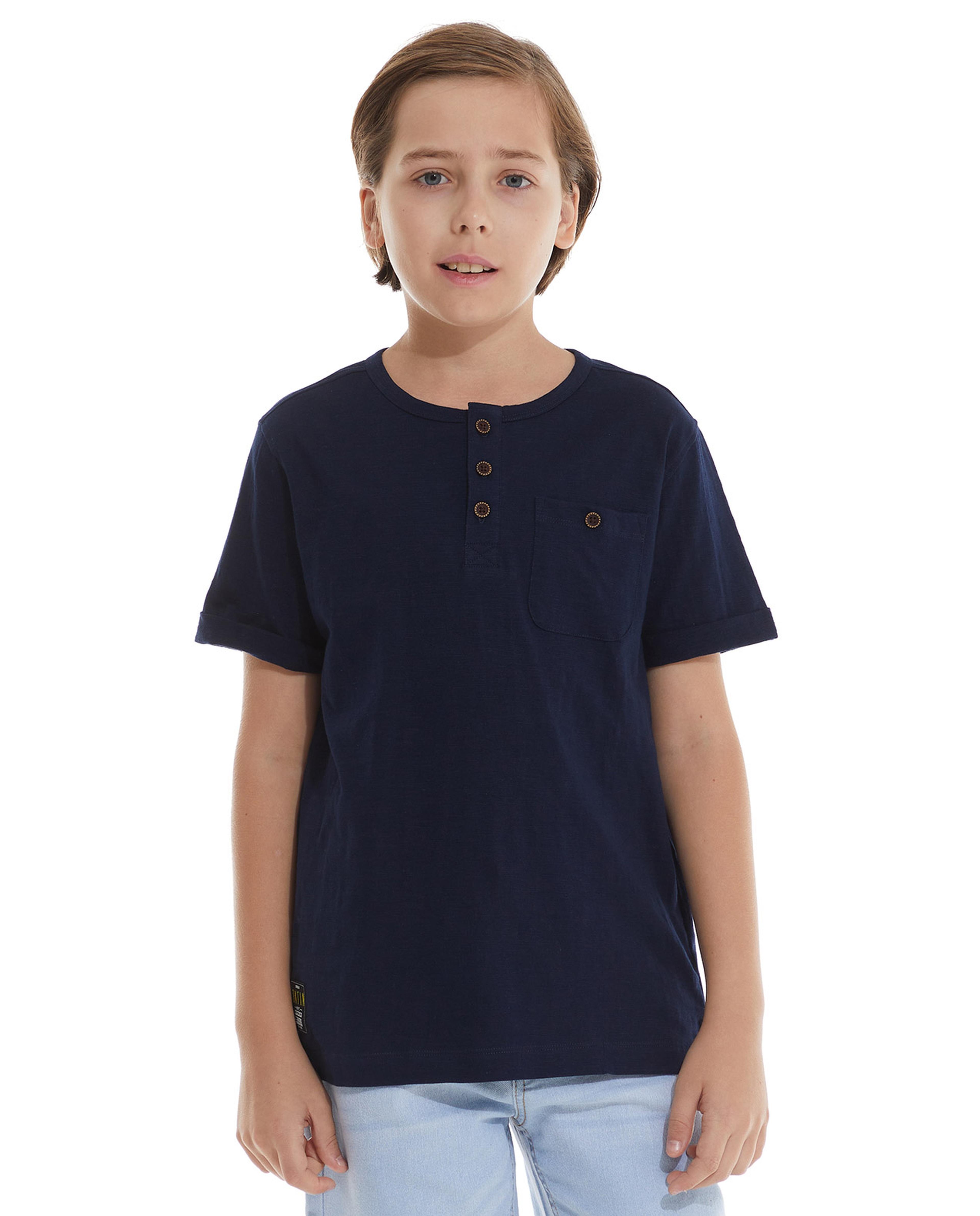 Solid T-Shirt with Henley Neck and Short Sleeves