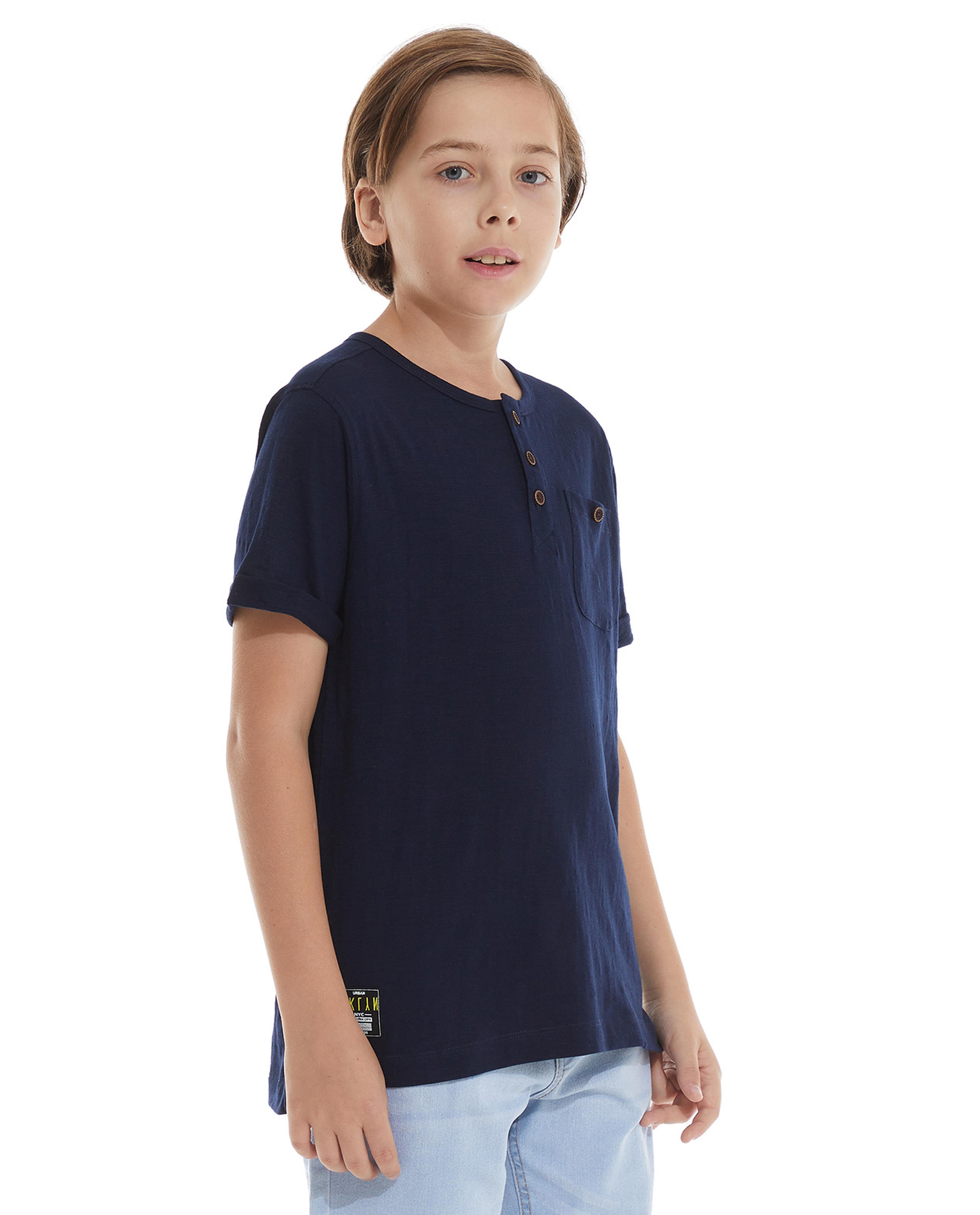 Solid T-Shirt with Henley Neck and Short Sleeves