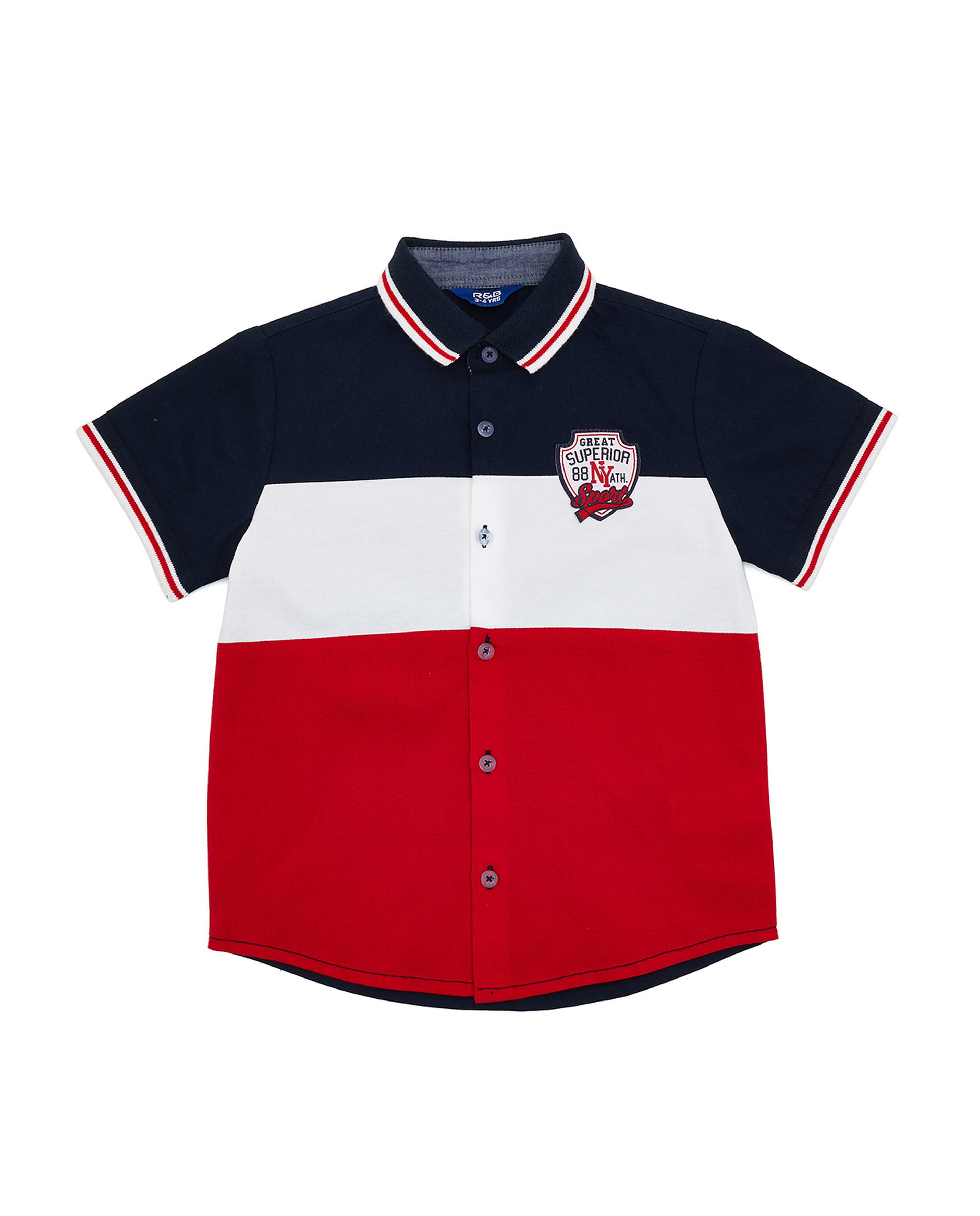 Color Block T-Shirt with Polo Collar and Short Sleeves
