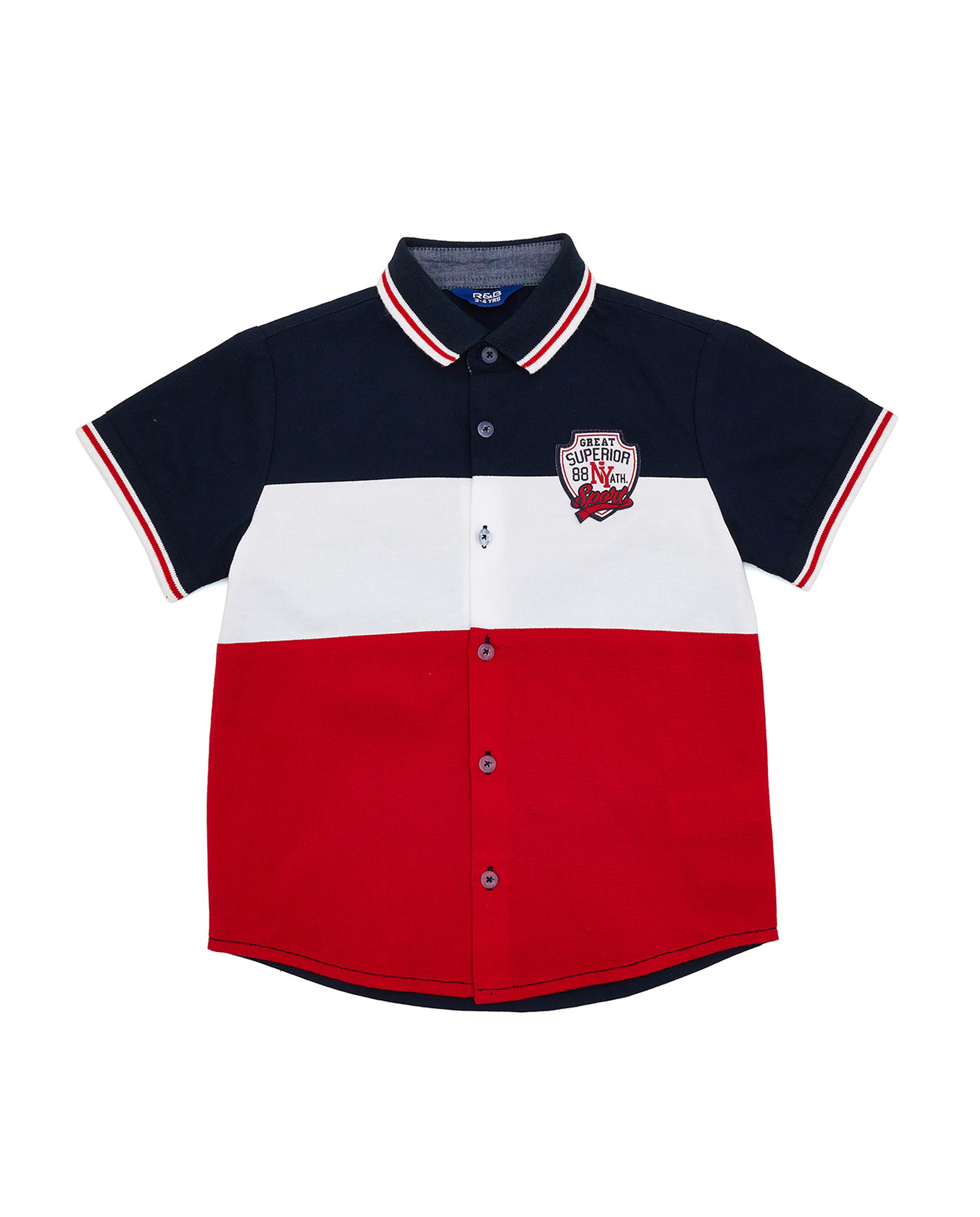 Color Block T-Shirt with Polo Collar and Short Sleeves