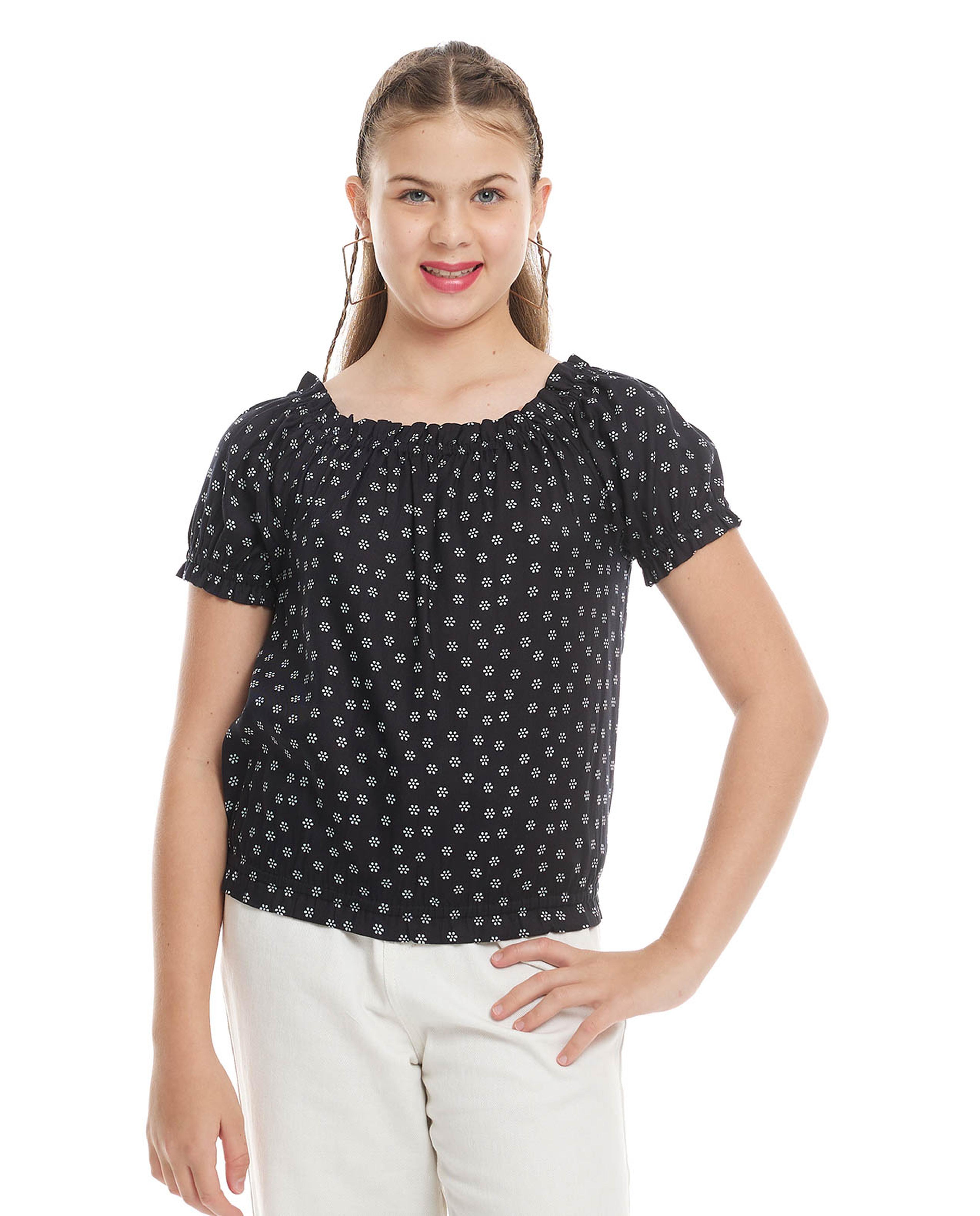 Floral Printed Top with Square Neck and Puff Sleeves