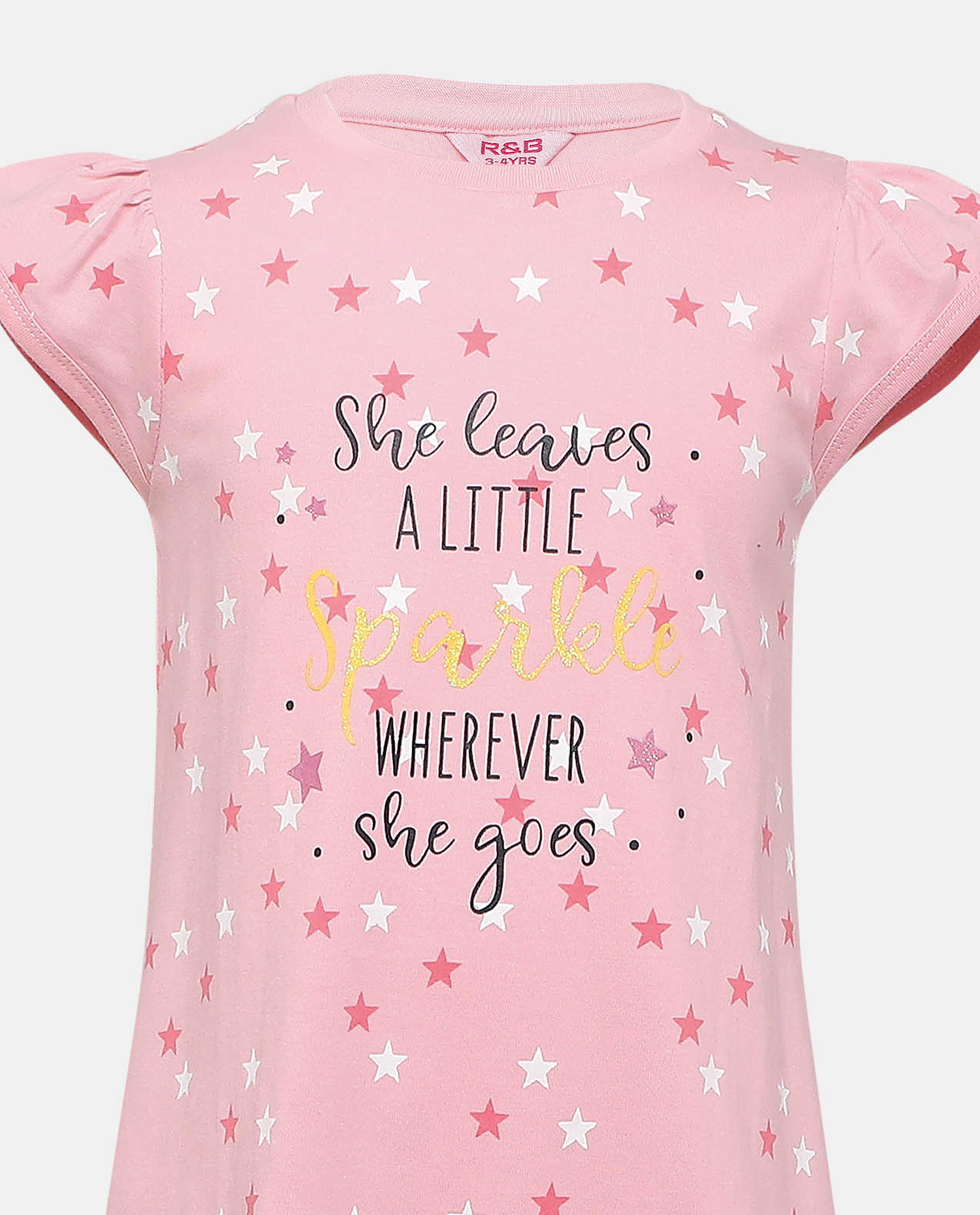 Printed Flounce Dress with Crew Neck Cap Sleeve