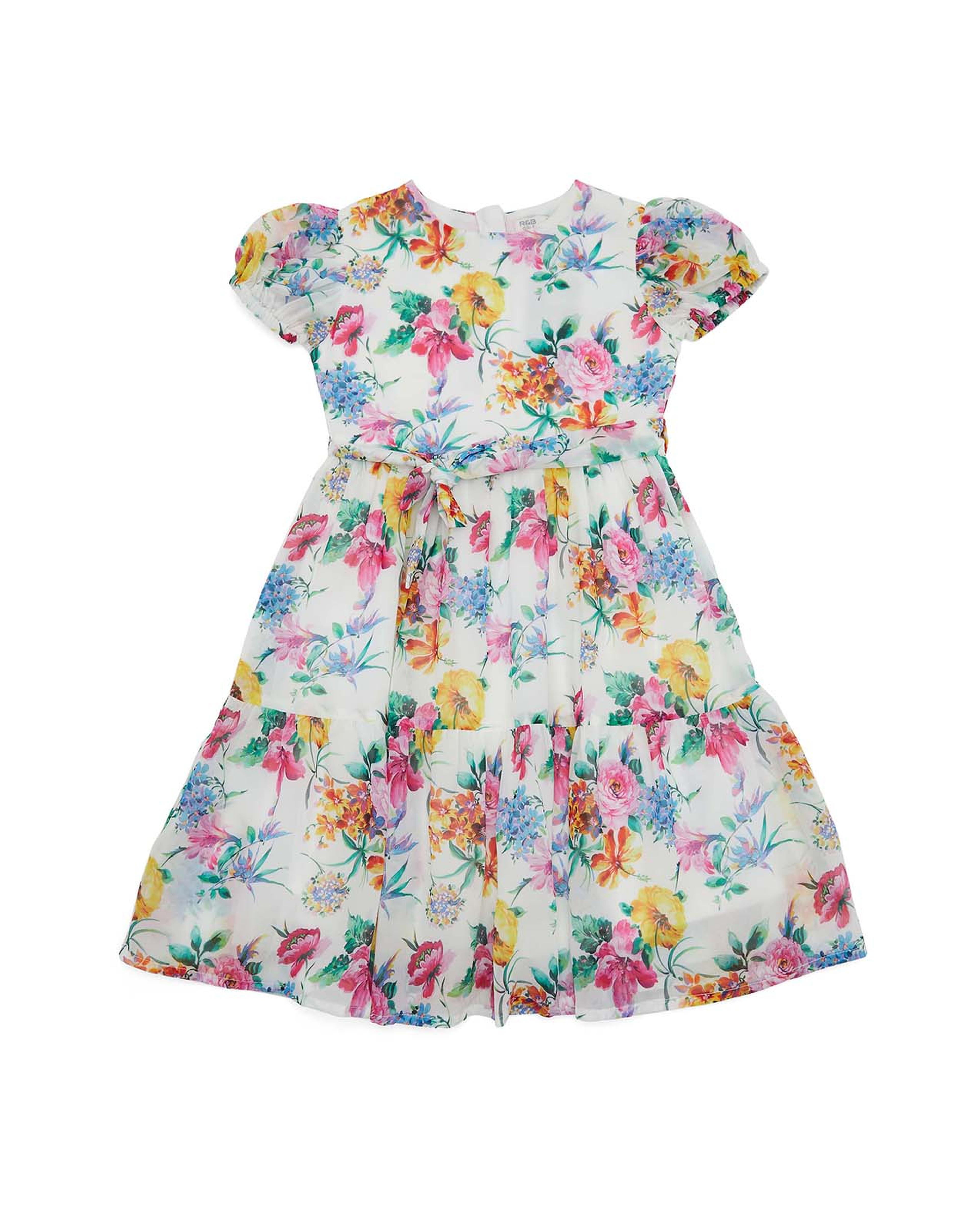 Floral Print Tiered Dress with Puff Sleeves