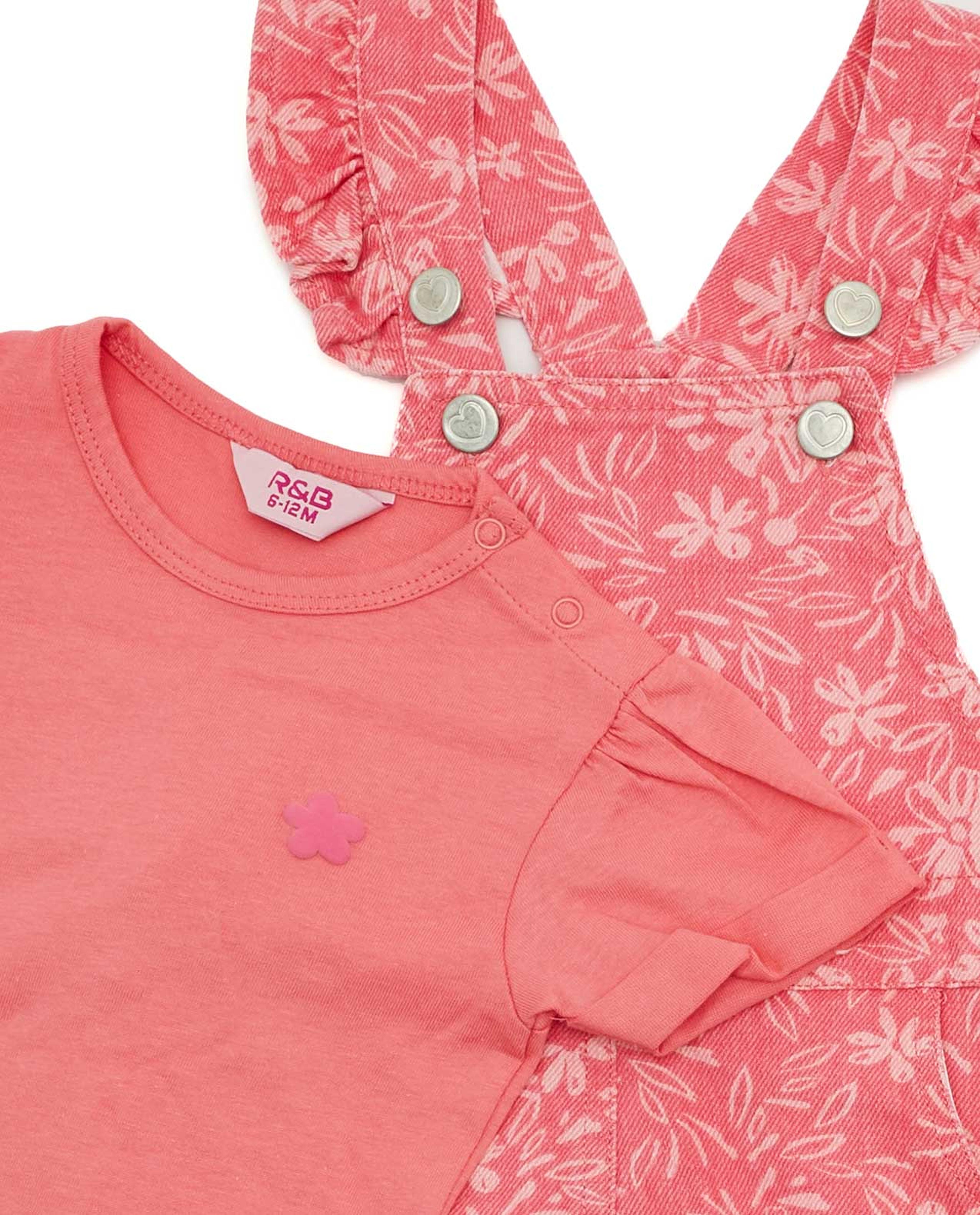 Solid Top and Printed Dungaree Dress Set