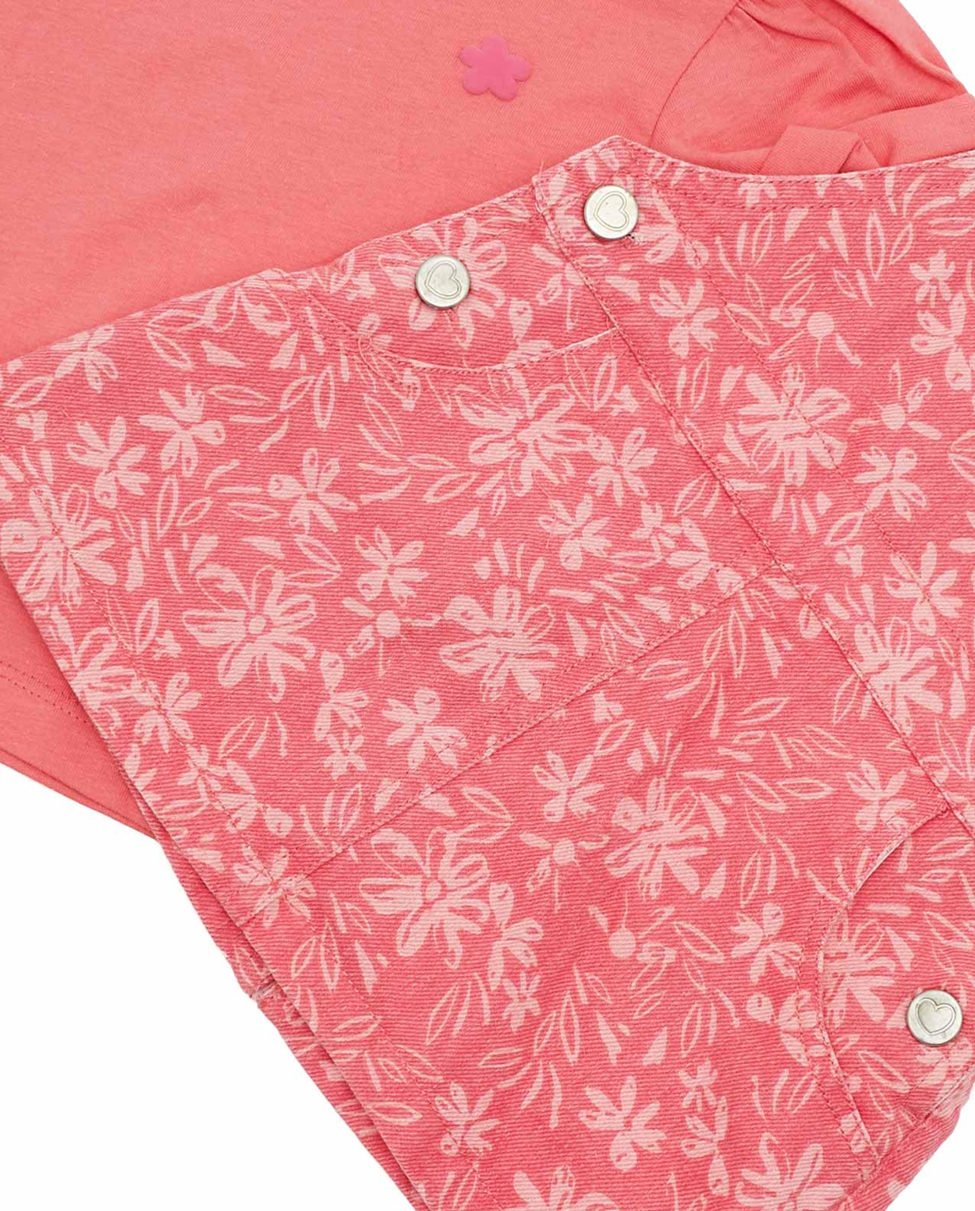 Solid Top and Printed Dungaree Dress Set