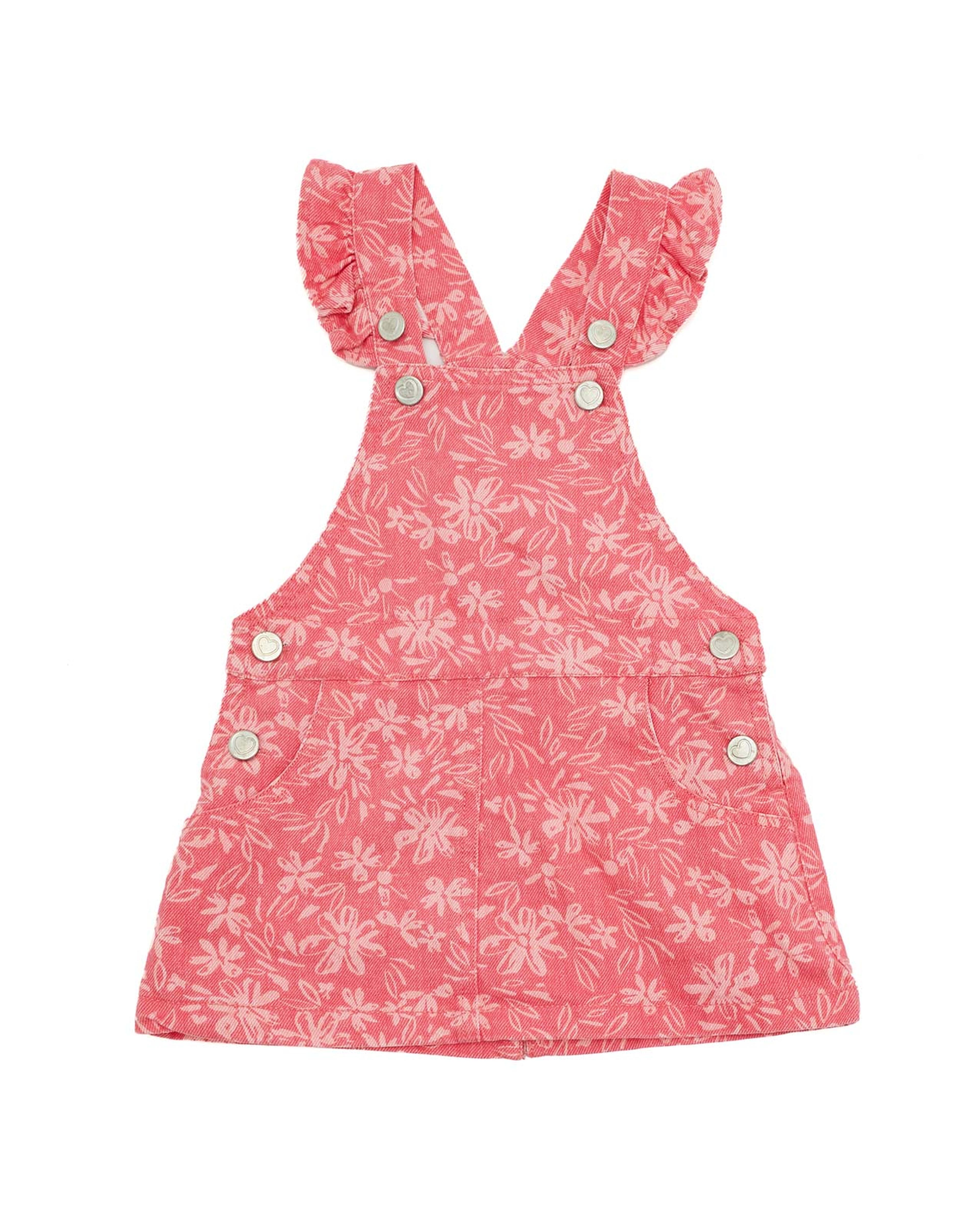 Solid Top and Printed Dungaree Dress Set