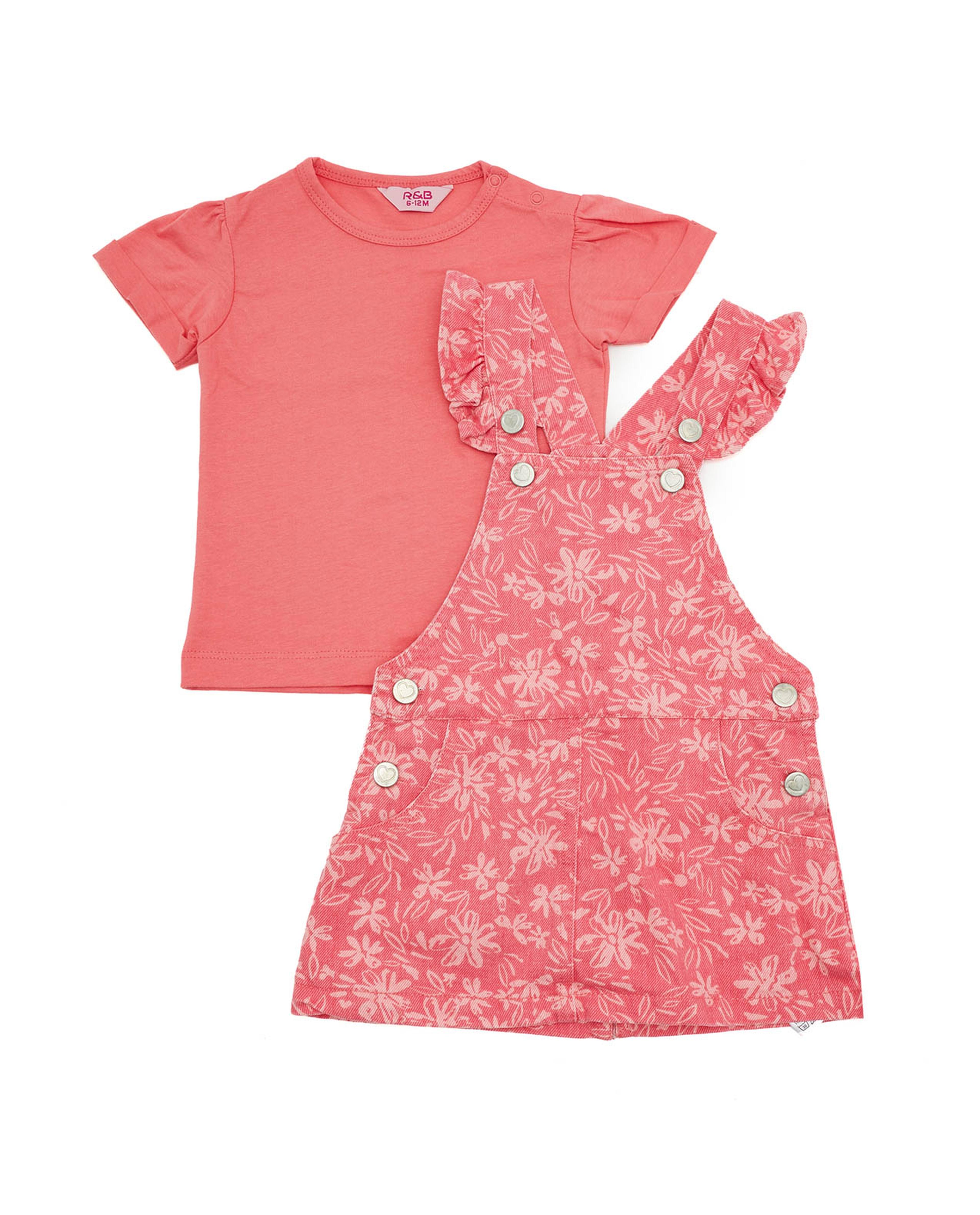 Solid Top and Printed Dungaree Dress Set