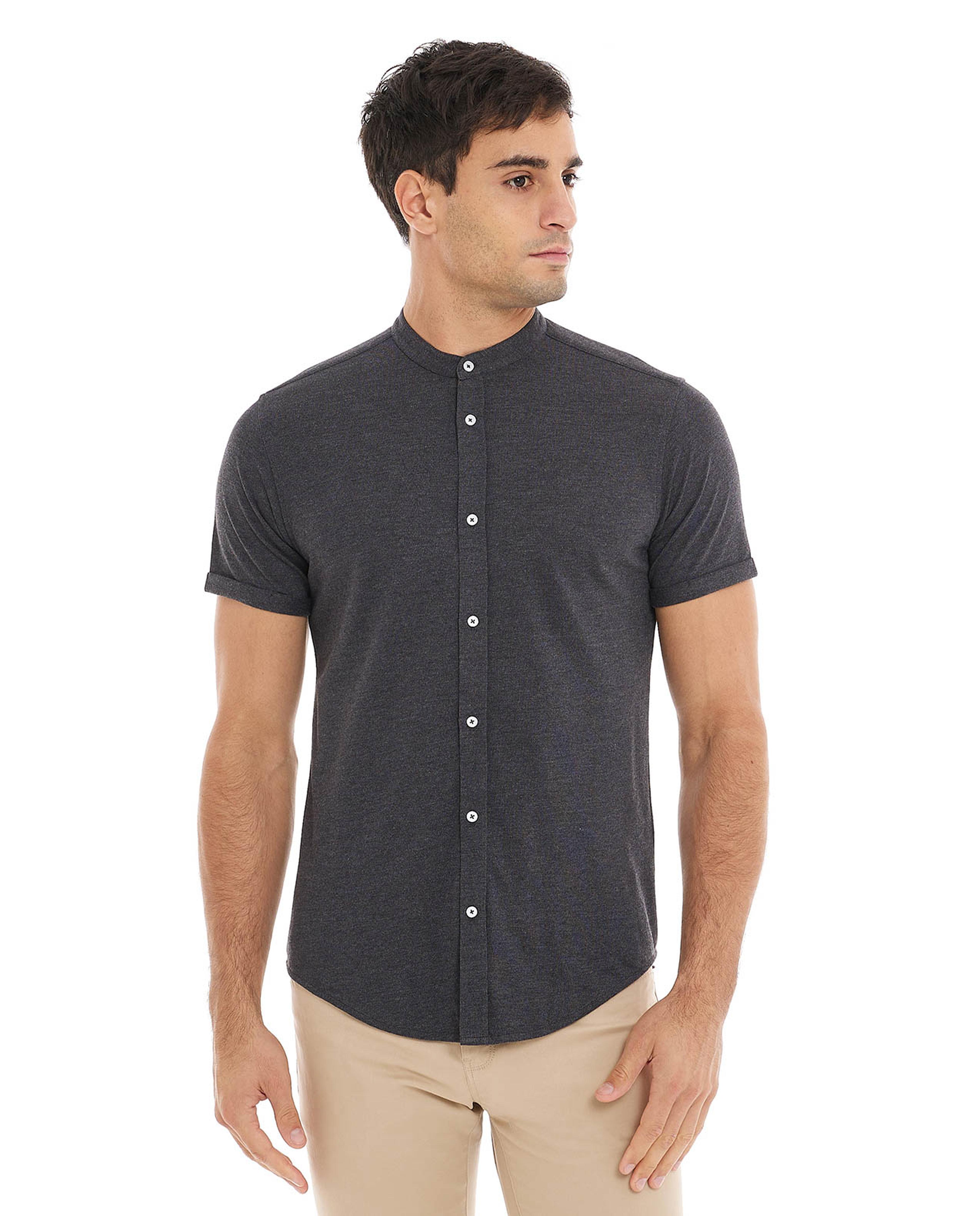 Solid Shirt with Mandarin Collar and Short Sleeves