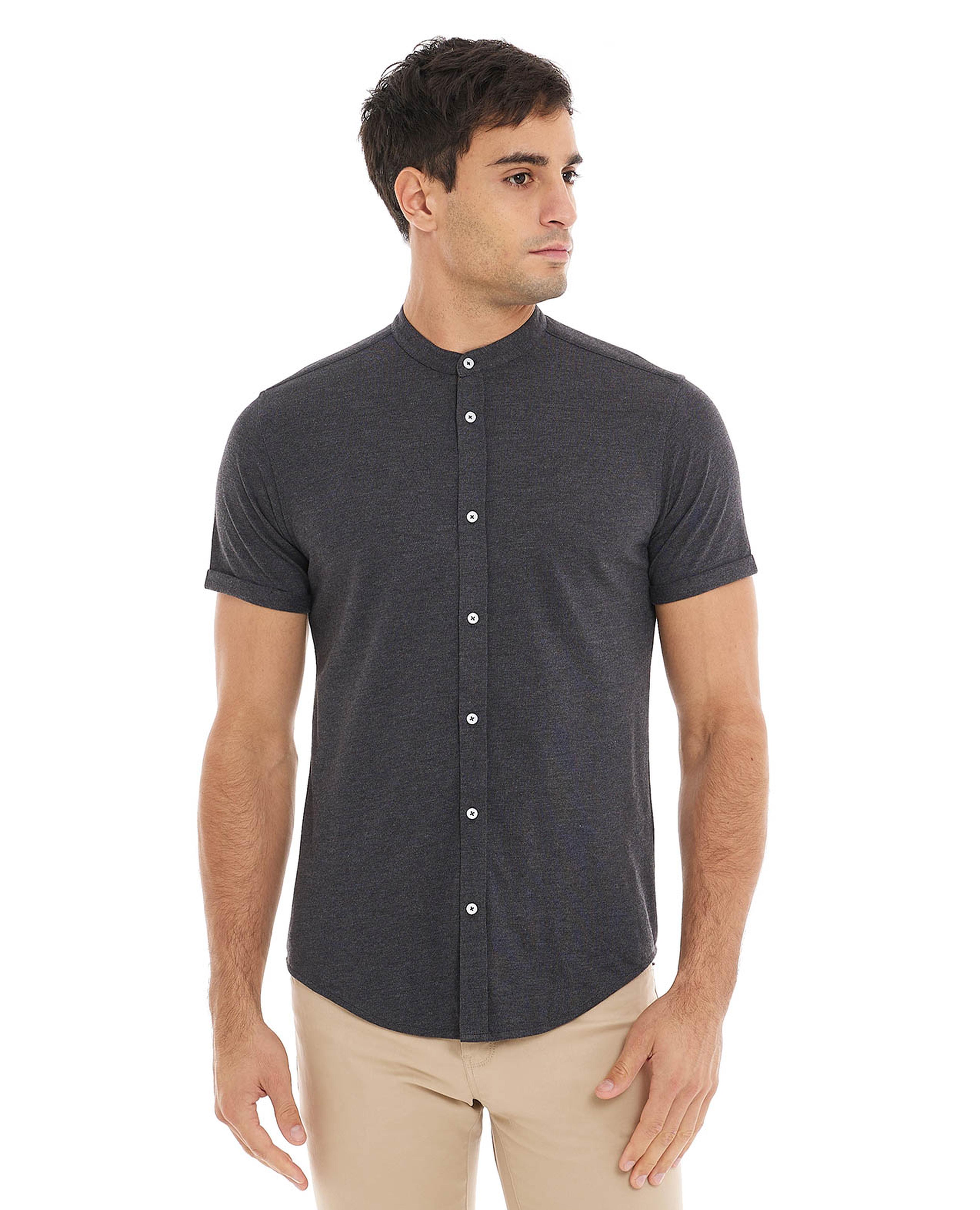 Solid Shirt with Mandarin Collar and Short Sleeves