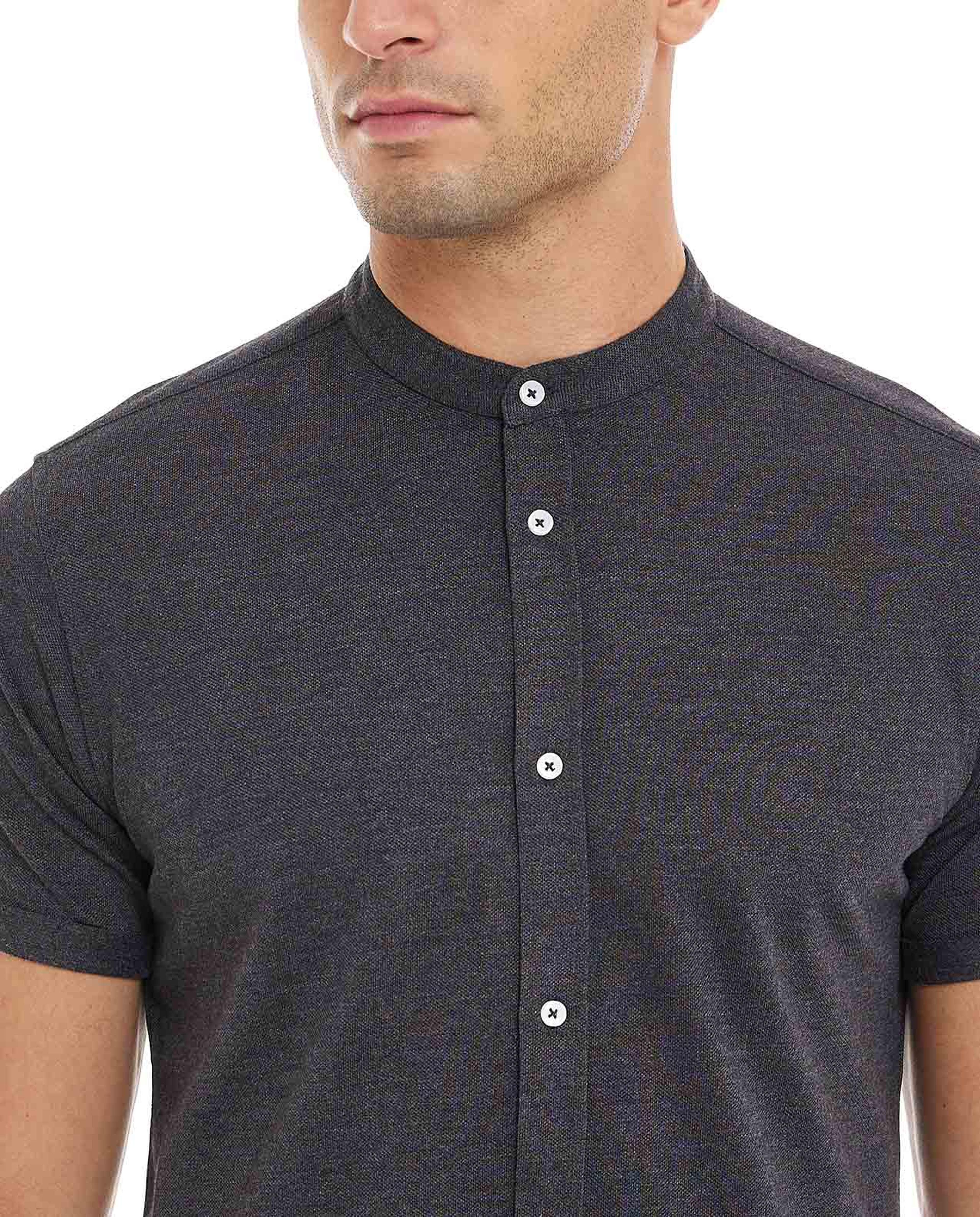 Solid Shirt with Mandarin Collar and Short Sleeves