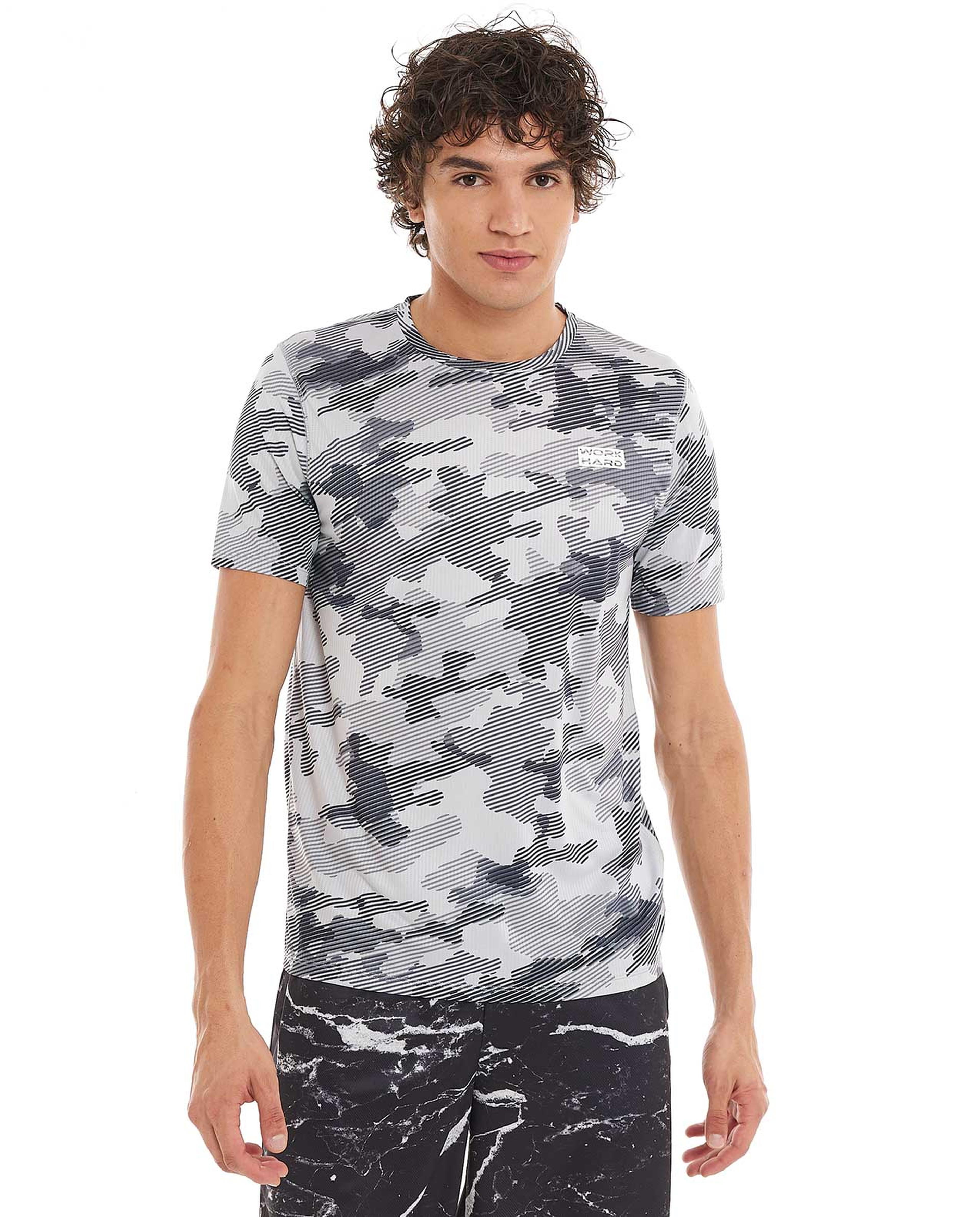 Camouflage Printed T-Shirt with Crew Neck and Short Sleeves