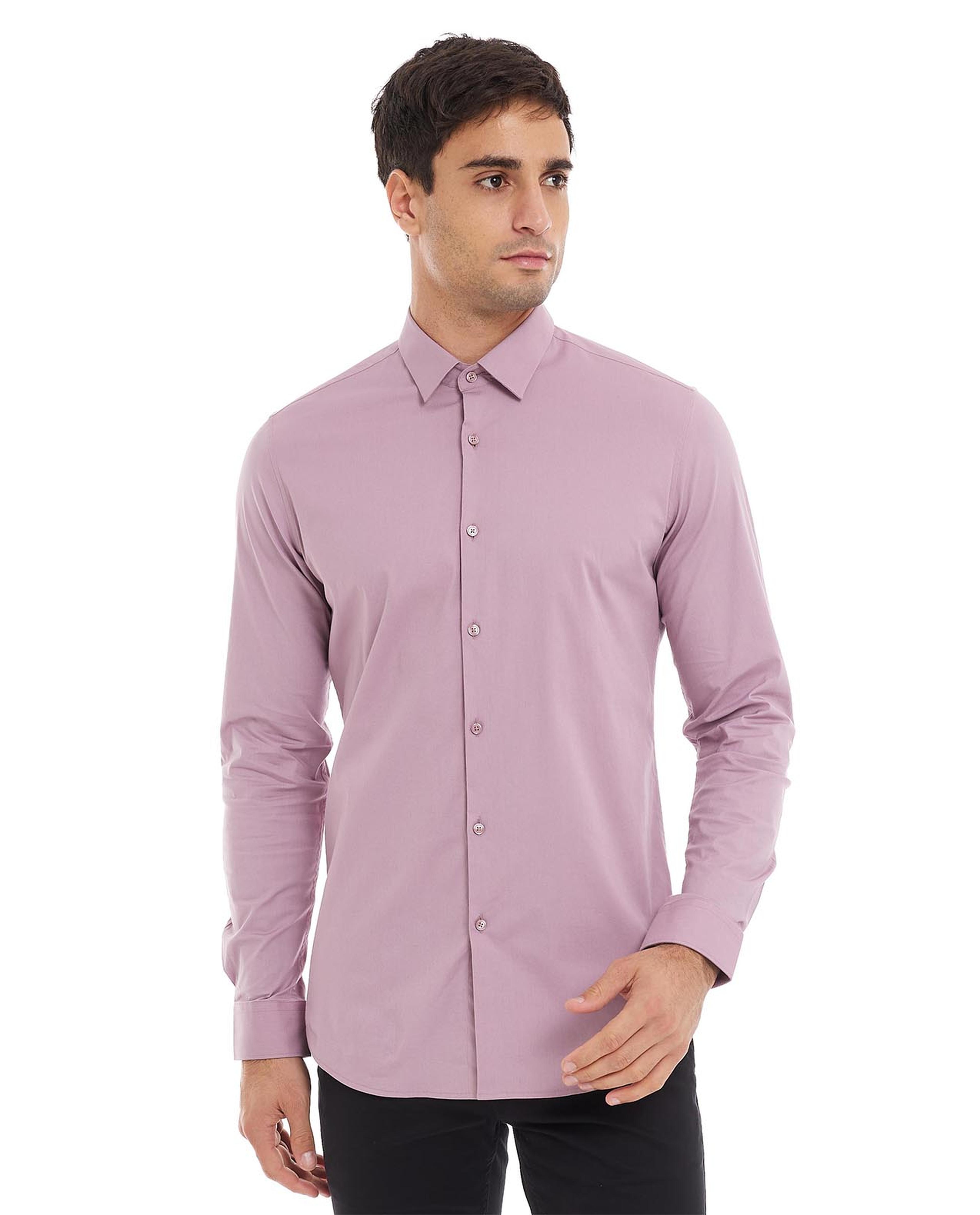 Solid Shirt with Classic Collar and Long Sleeves