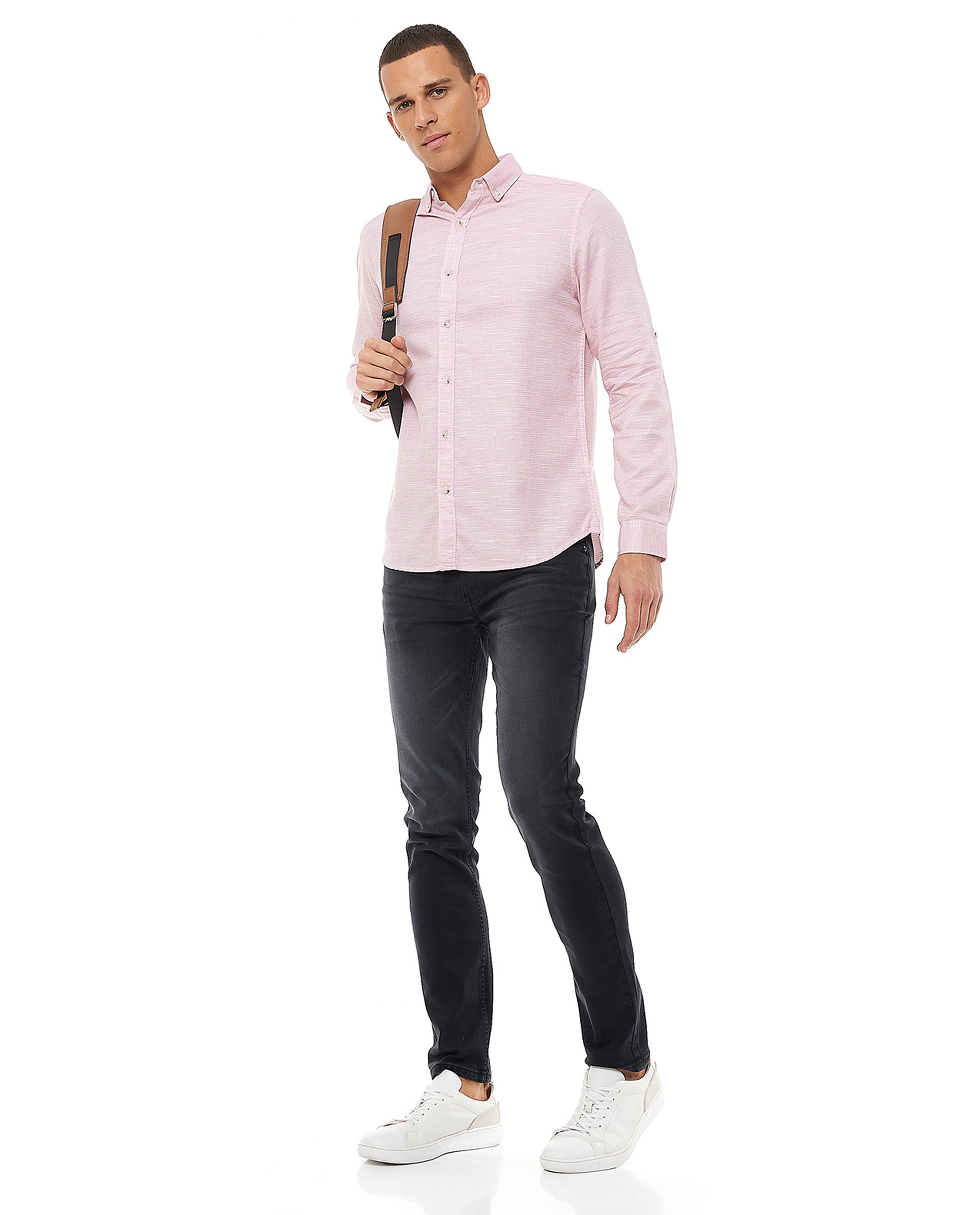 Solid Shirt with Button-Down Collar and Long Sleeves