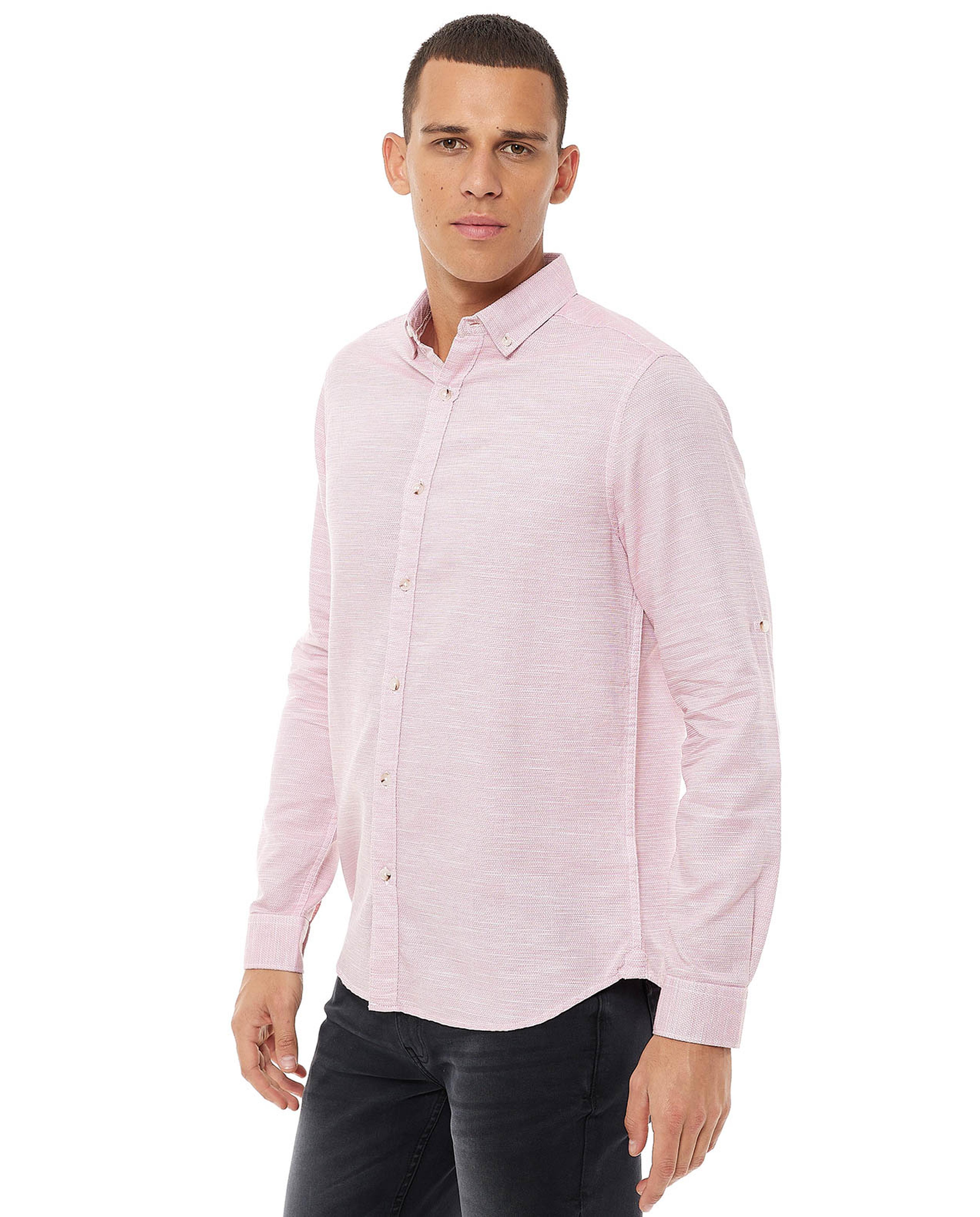 Solid Shirt with Button-Down Collar and Long Sleeves