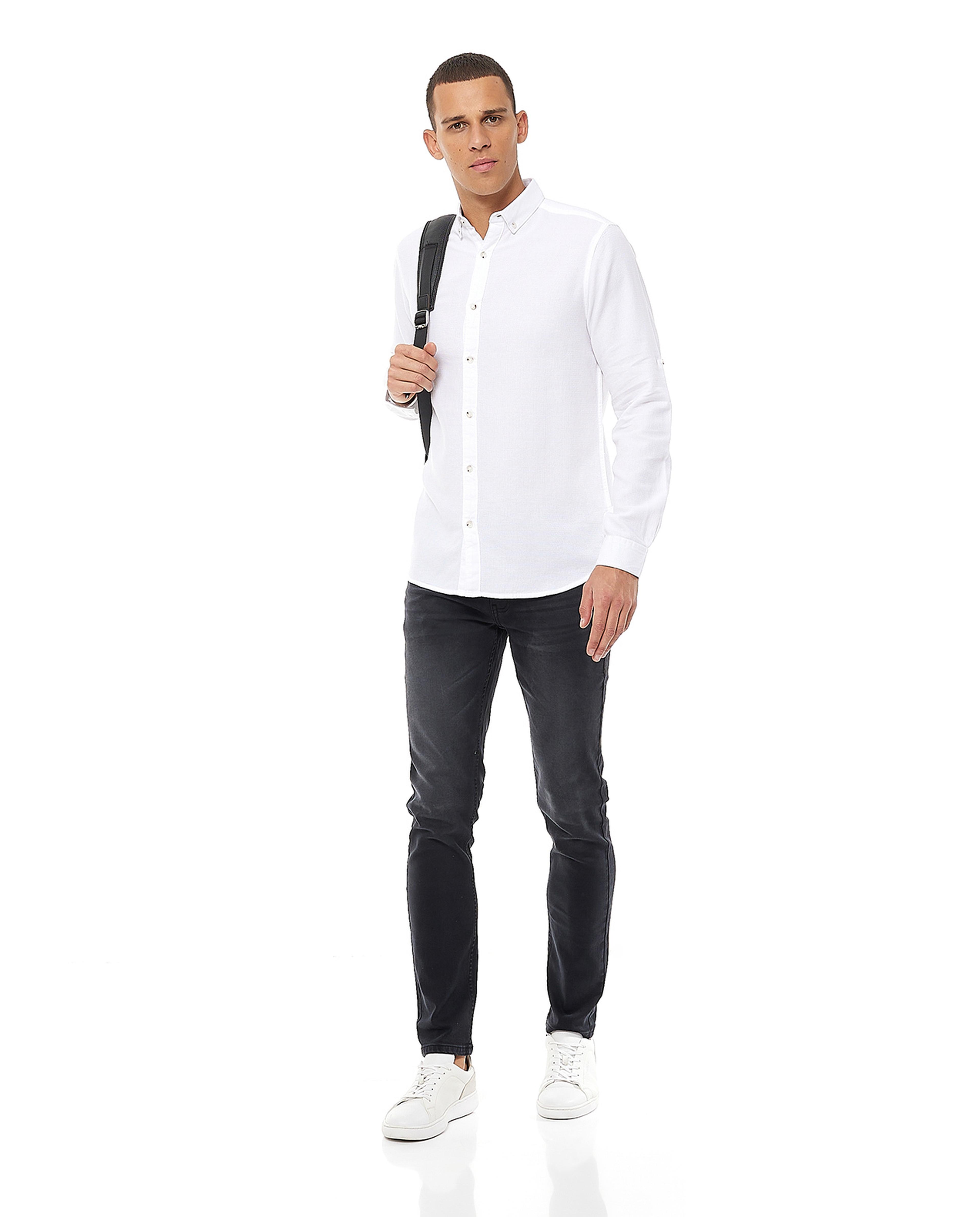 Solid Shirt with Button-Down Collar and Long Sleeves