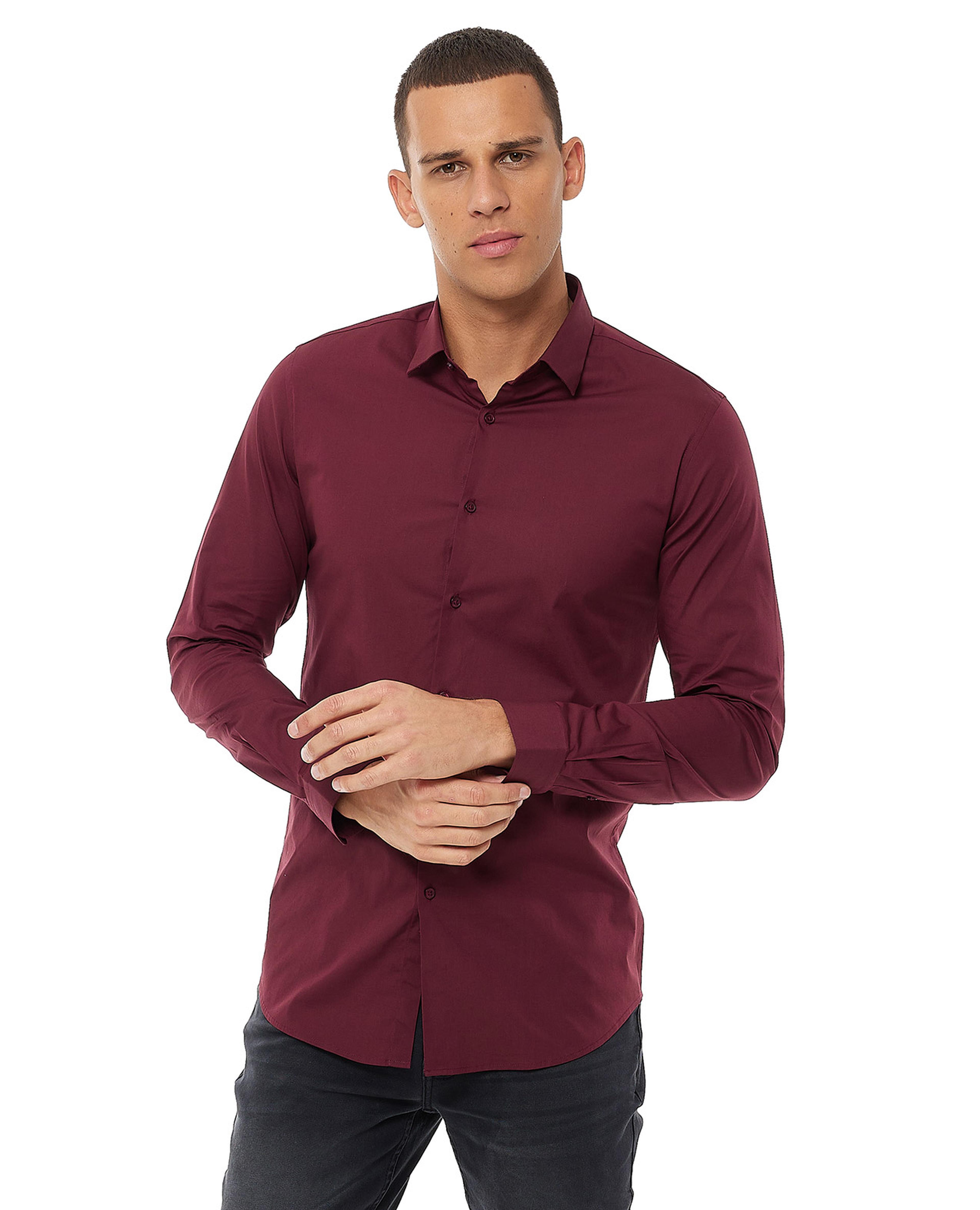 Solid Shirt with Classic Collar and Long Sleeves