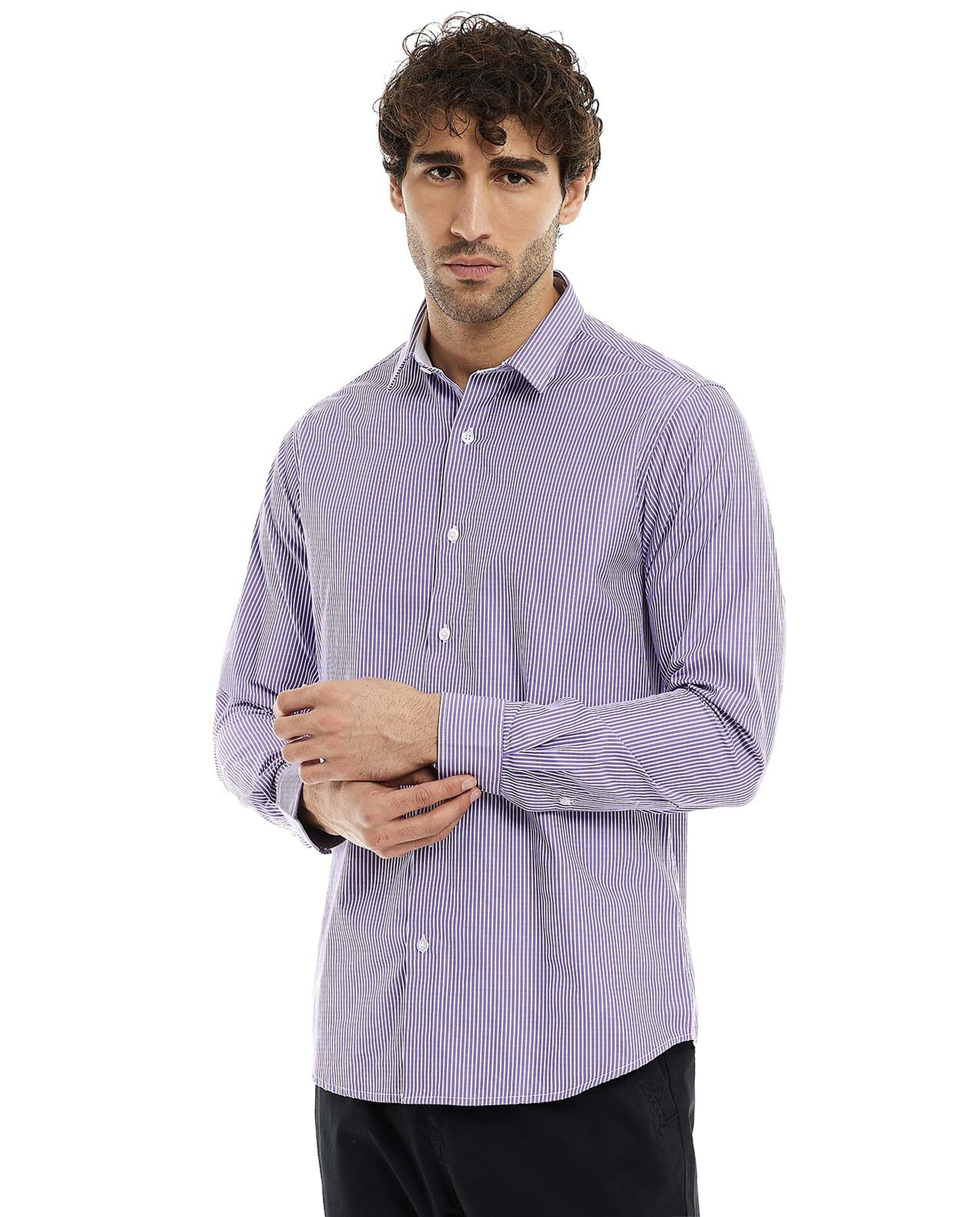 Solid Shirt with Classic Collar and Long Sleeves