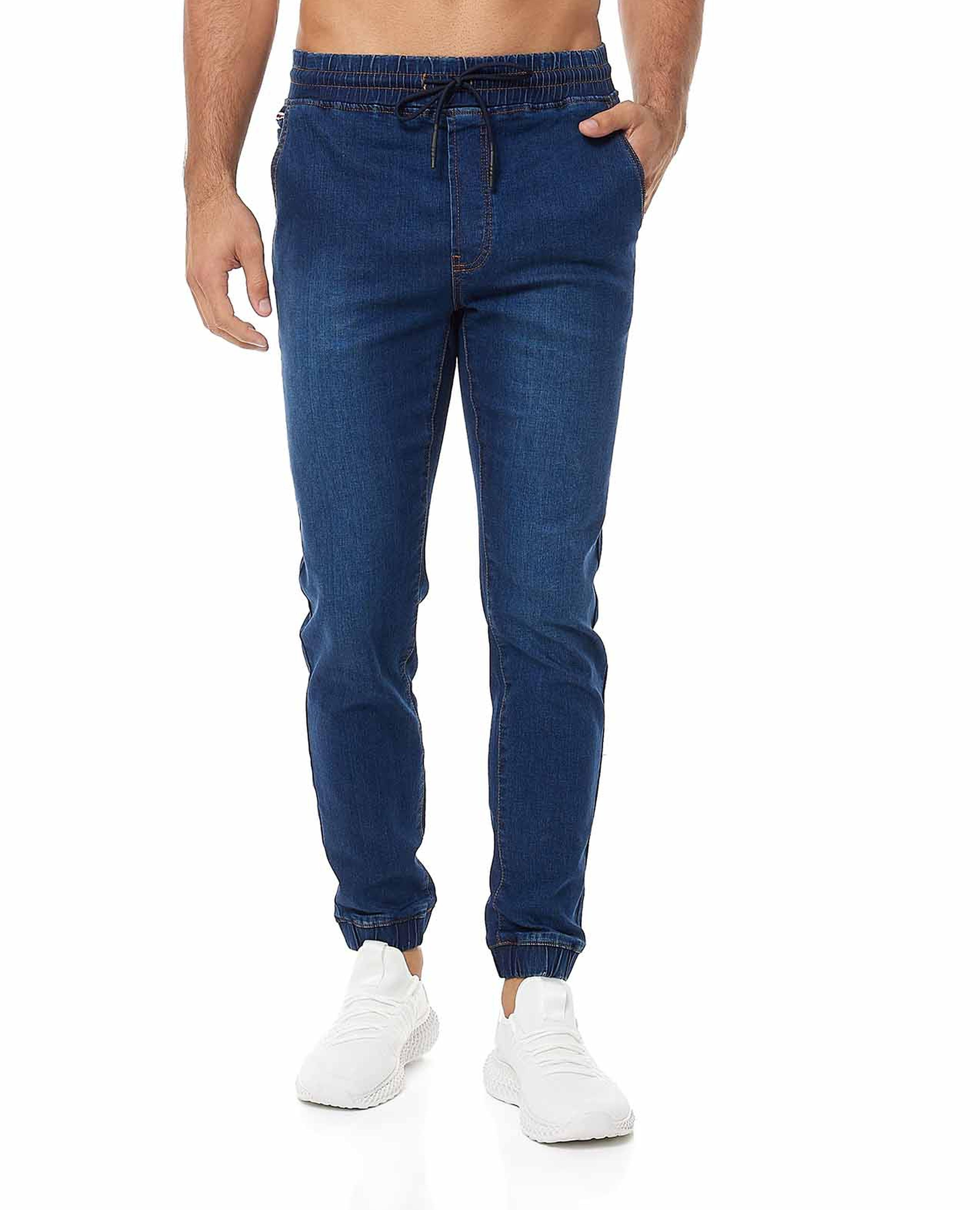 Solid Jogger Style Jeans with Drawstring Waist