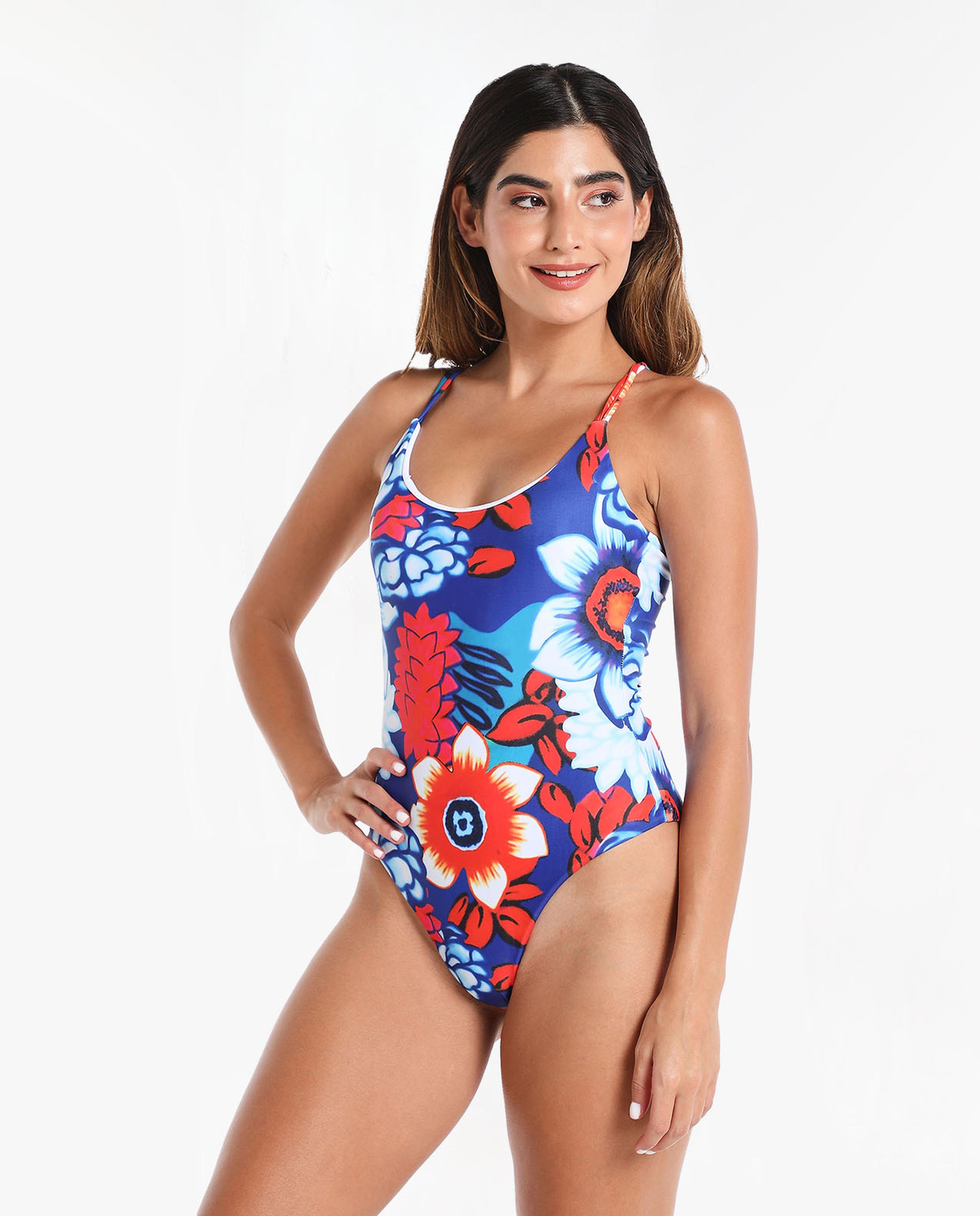 Blue Floral Print One-piece Swimsuit