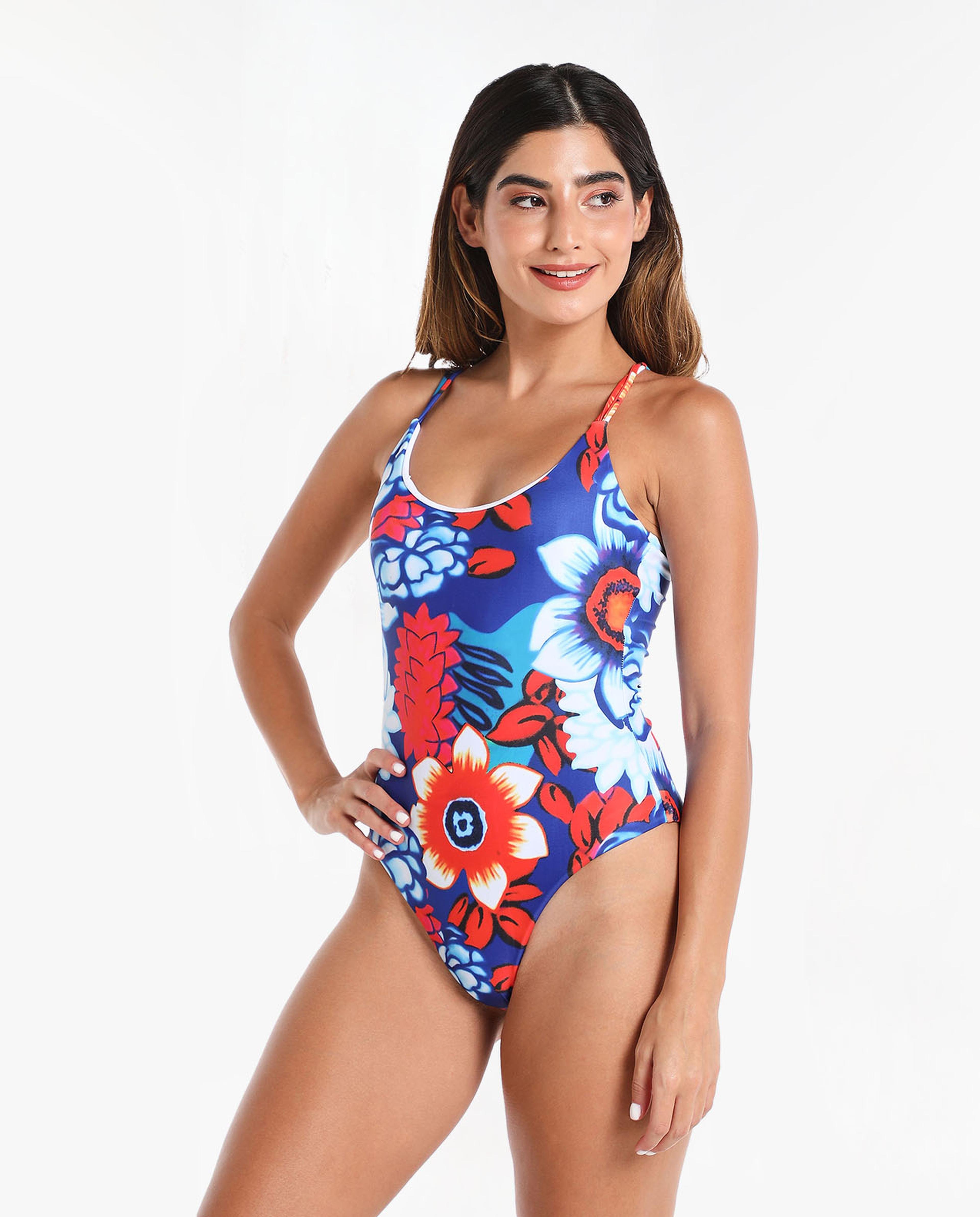 Blue Floral Print One-piece Swimsuit