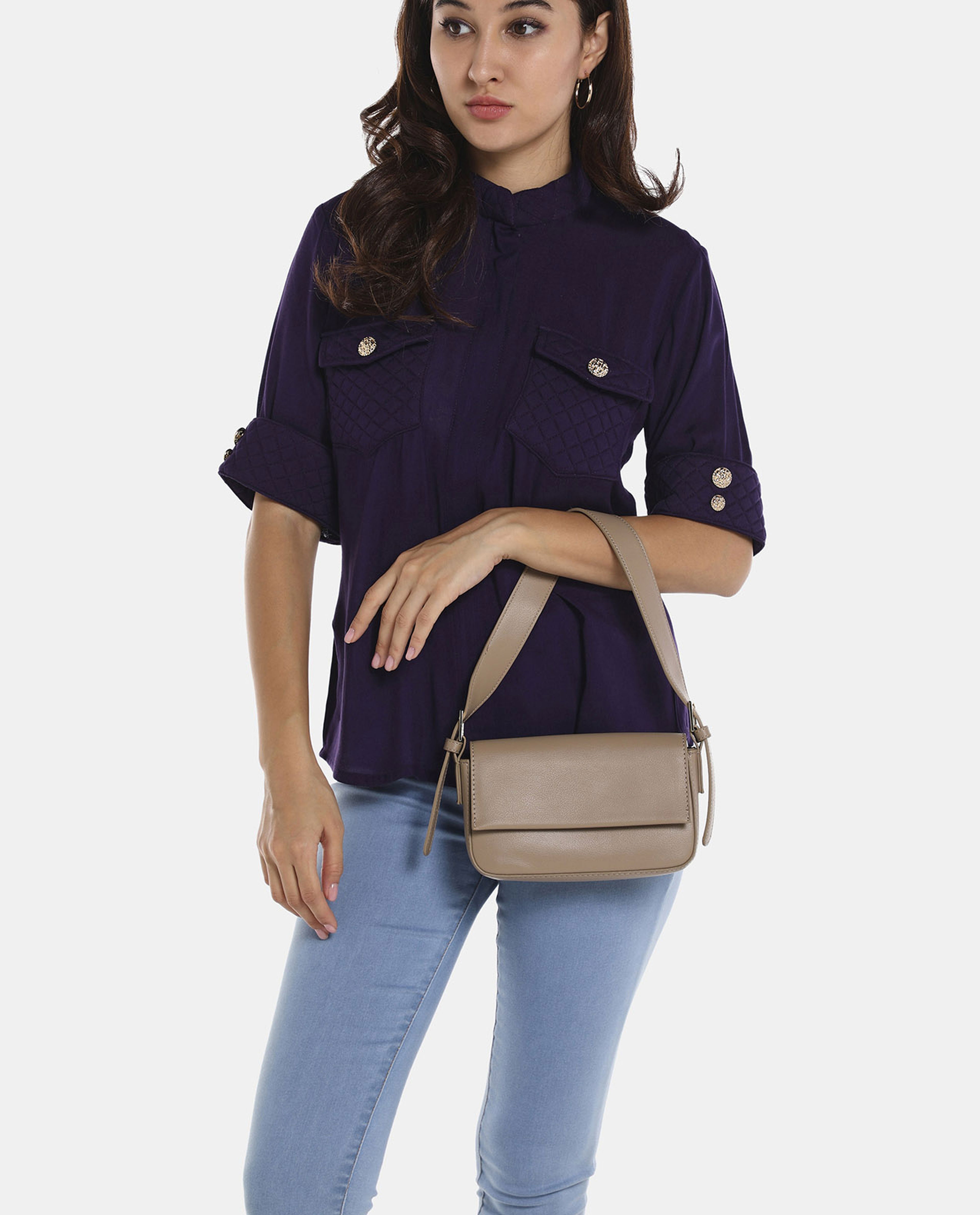 R&B Beige Solid Adjustable Strap Handbag