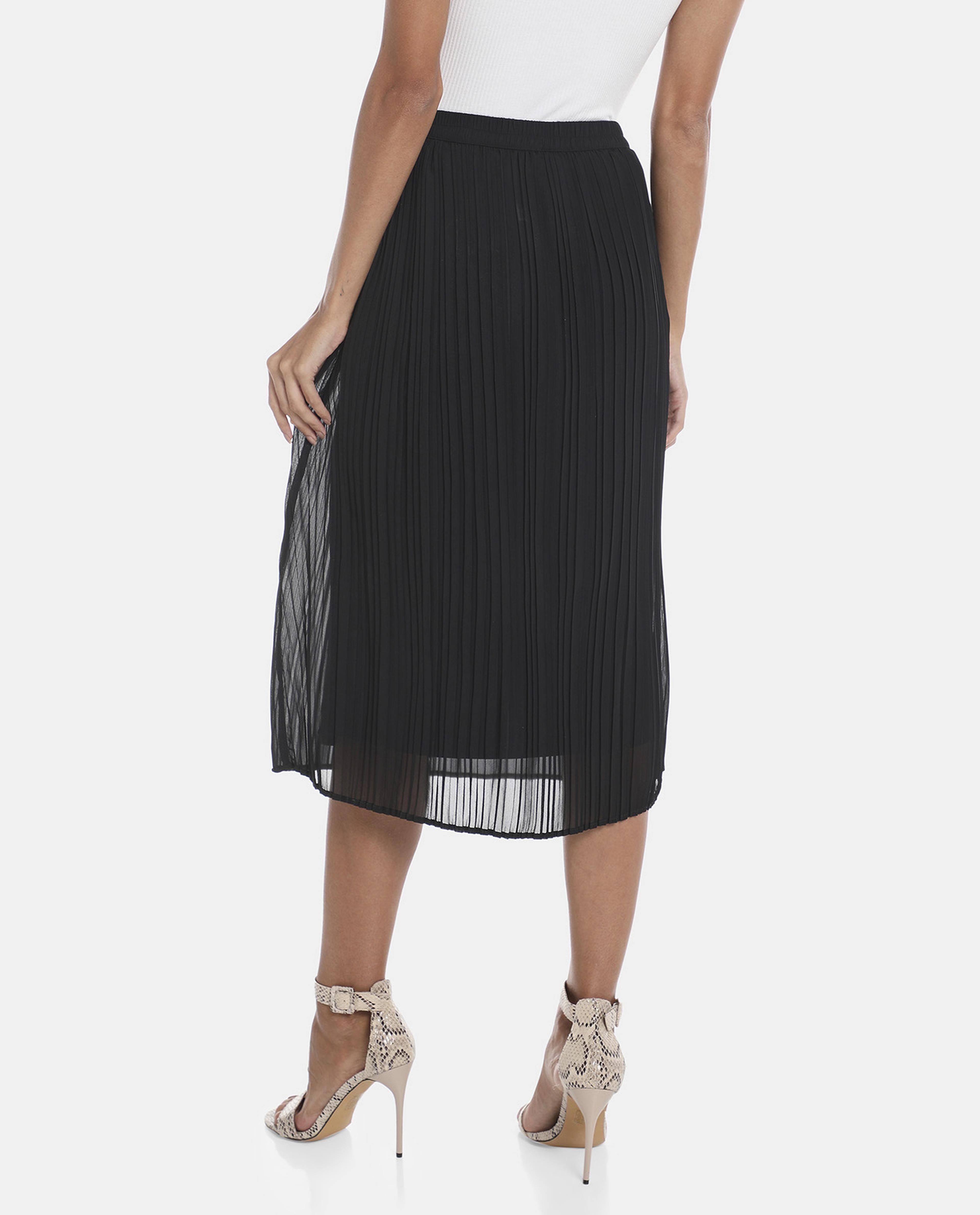 R&B Black Solid Accordian Pleated Midi Skirt