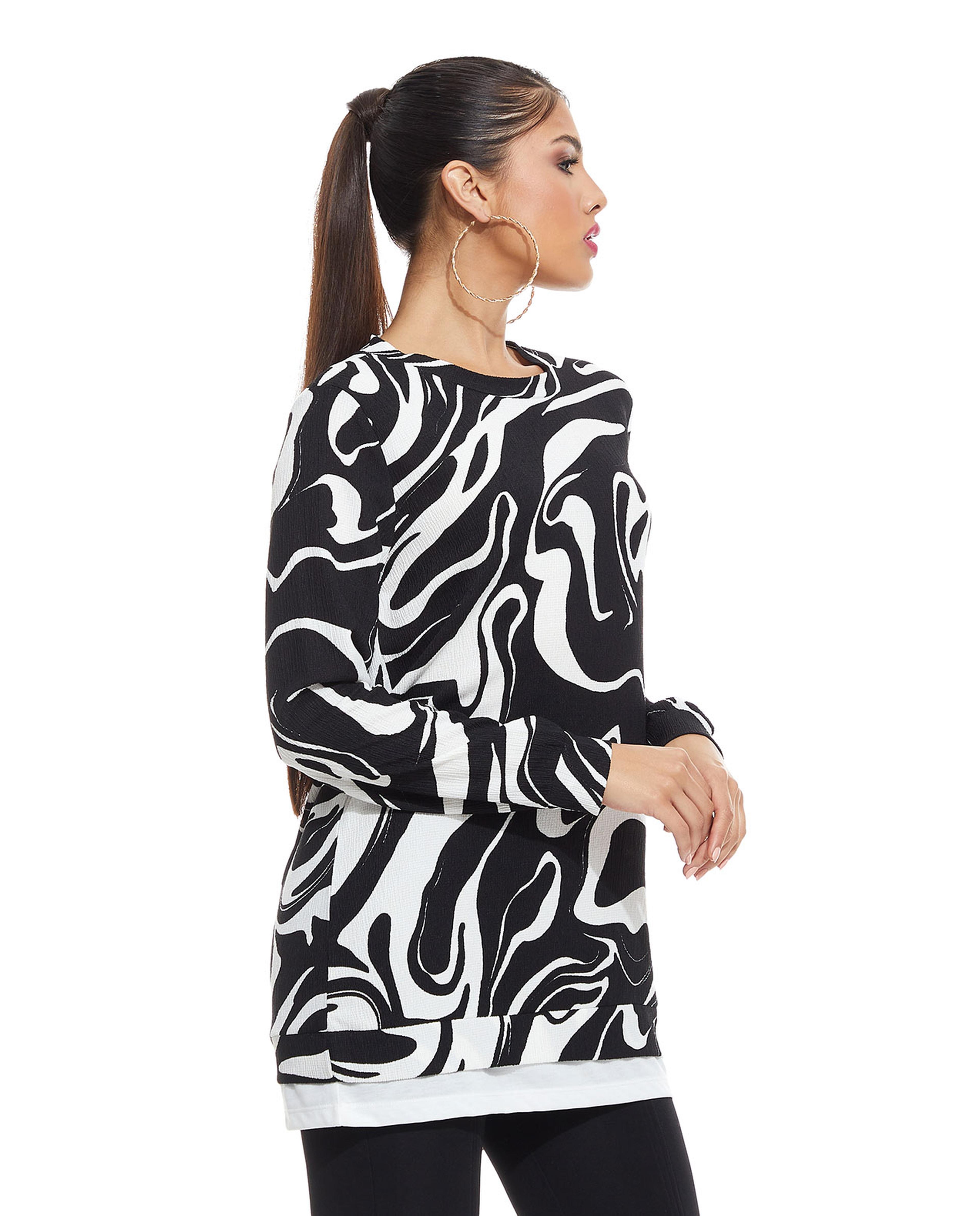 Printed Tunic with Crew Neck and Long Sleeves