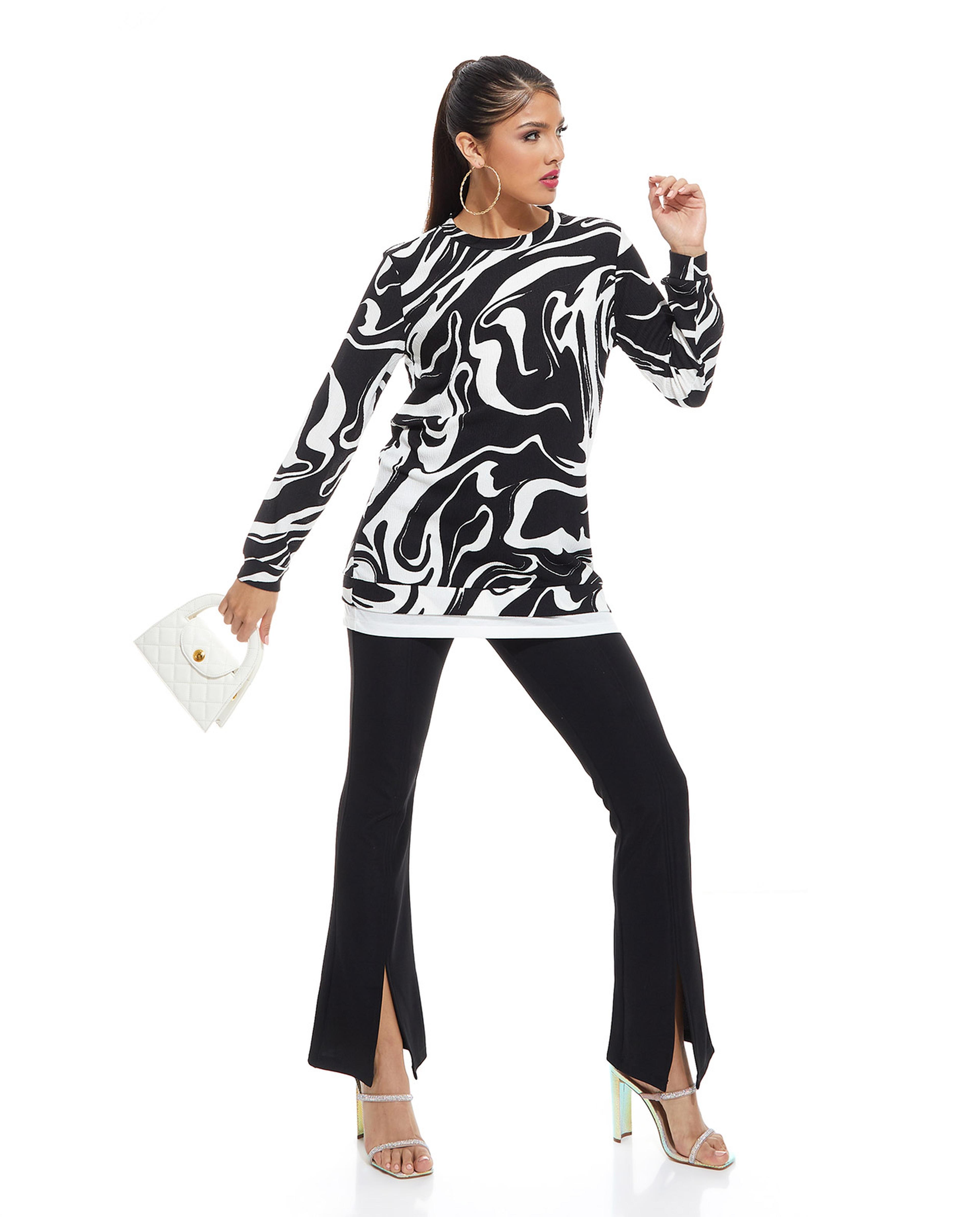 Printed Tunic with Crew Neck and Long Sleeves