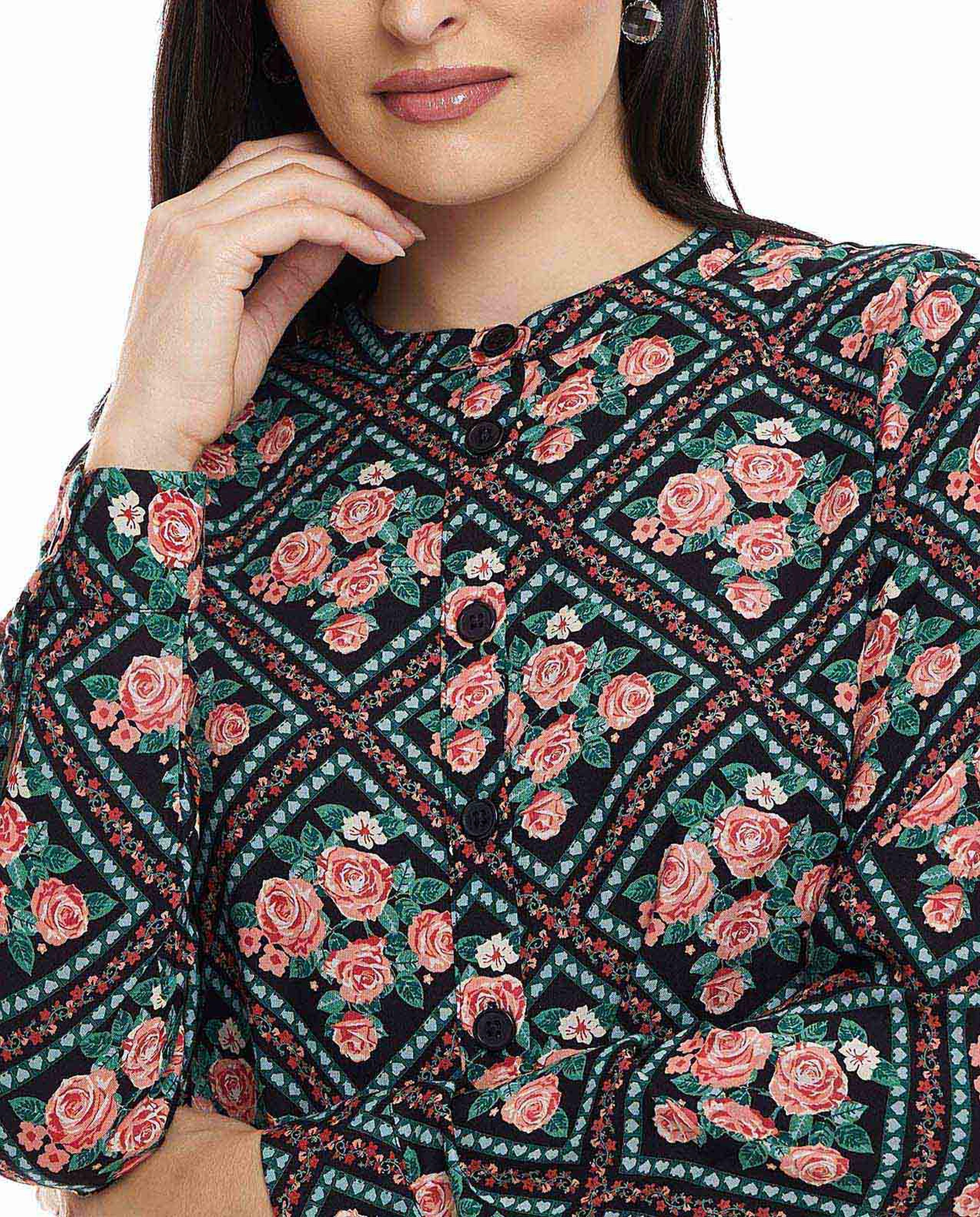 Printed Tunic with Crew Neck and Long Sleeves