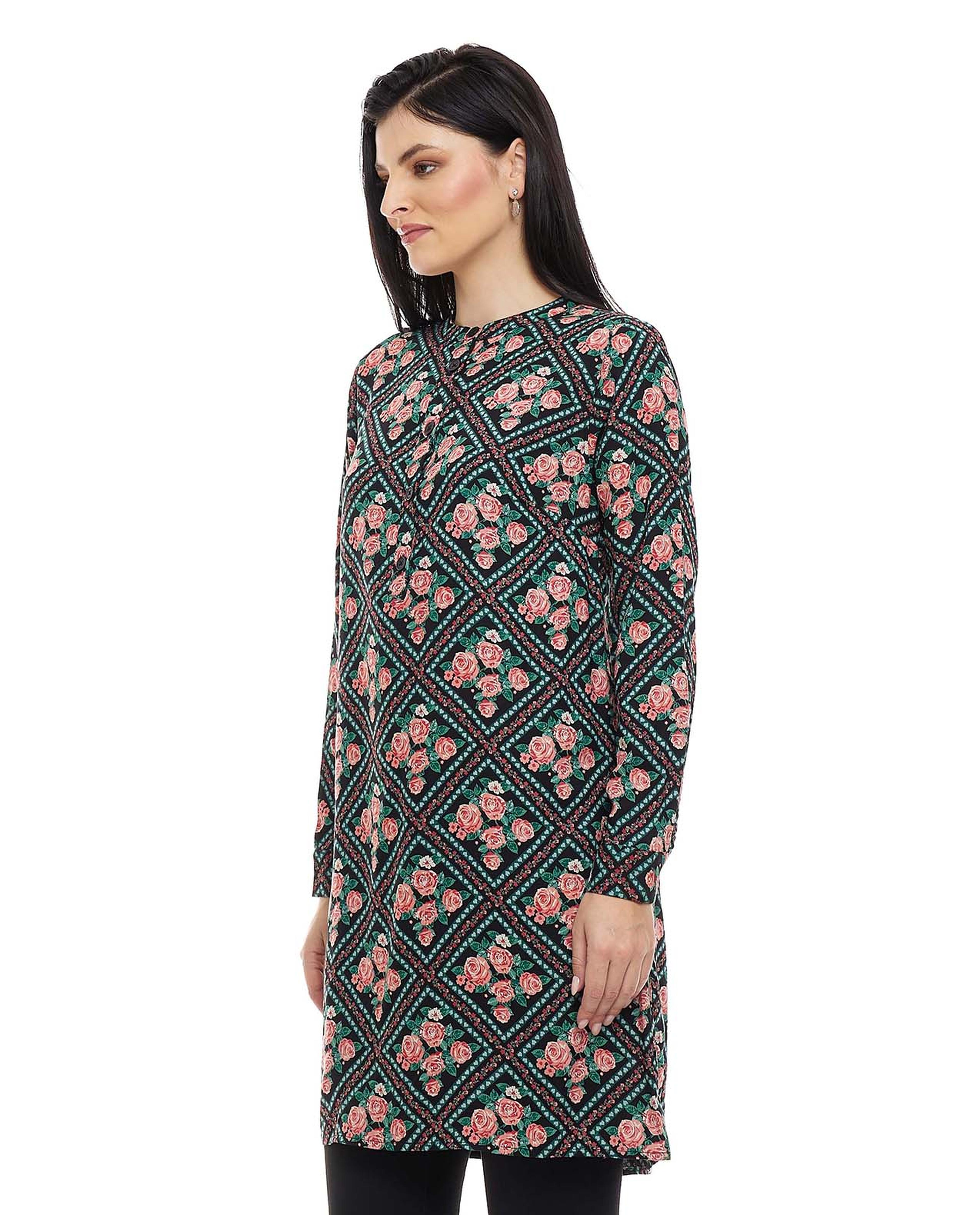 Printed Tunic with Crew Neck and Long Sleeves