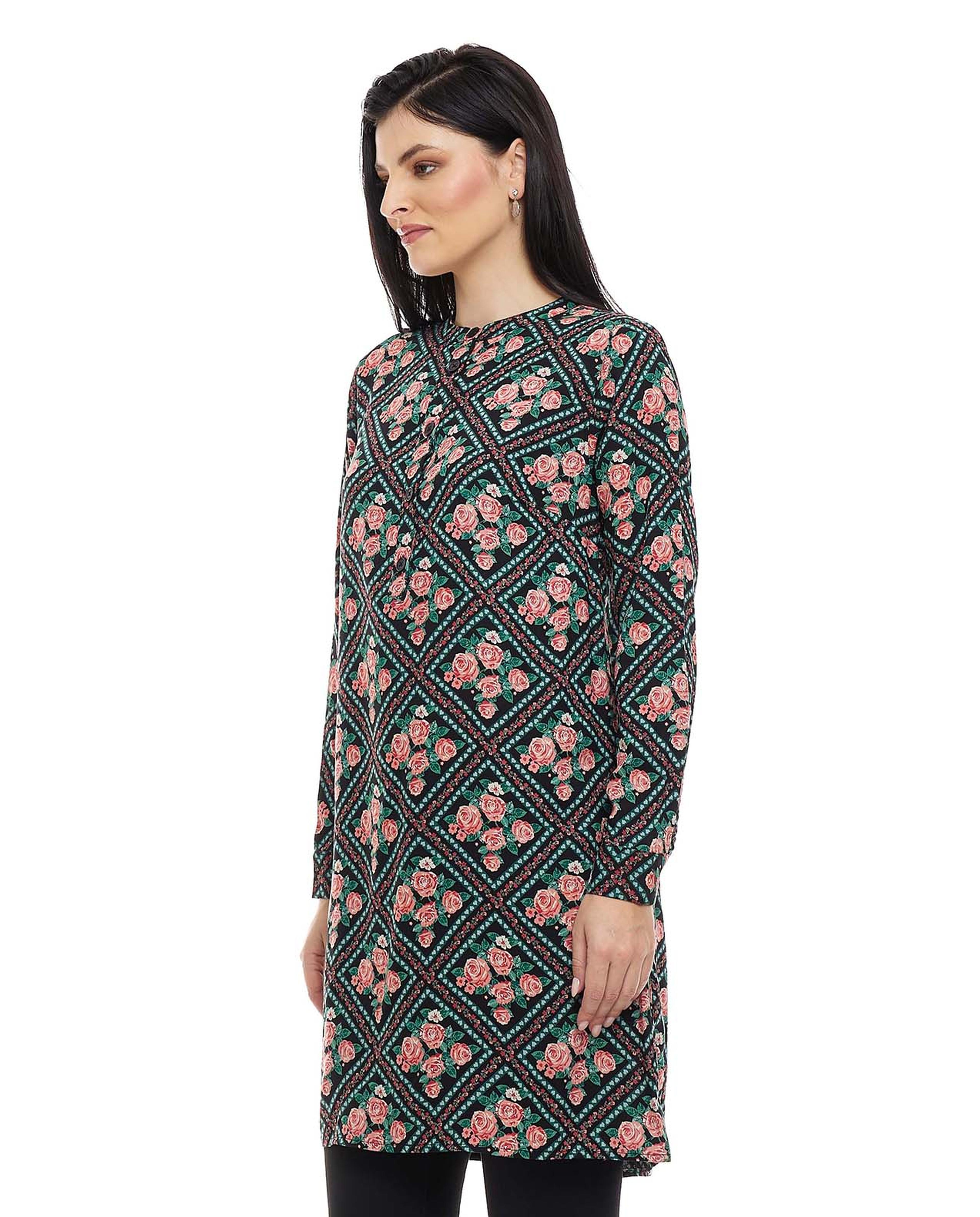 Printed Tunic with Crew Neck and Long Sleeves