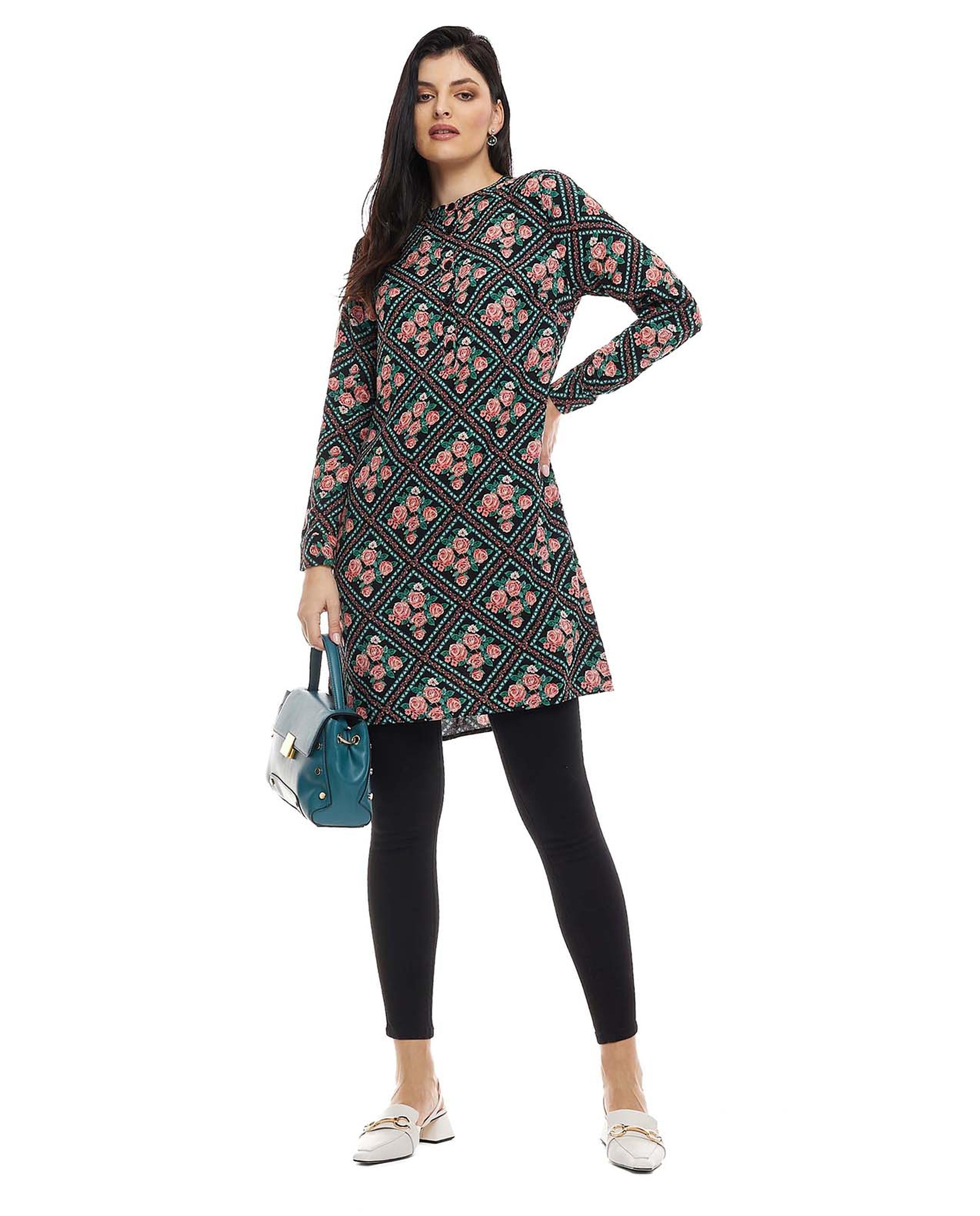 Printed Tunic with Crew Neck and Long Sleeves