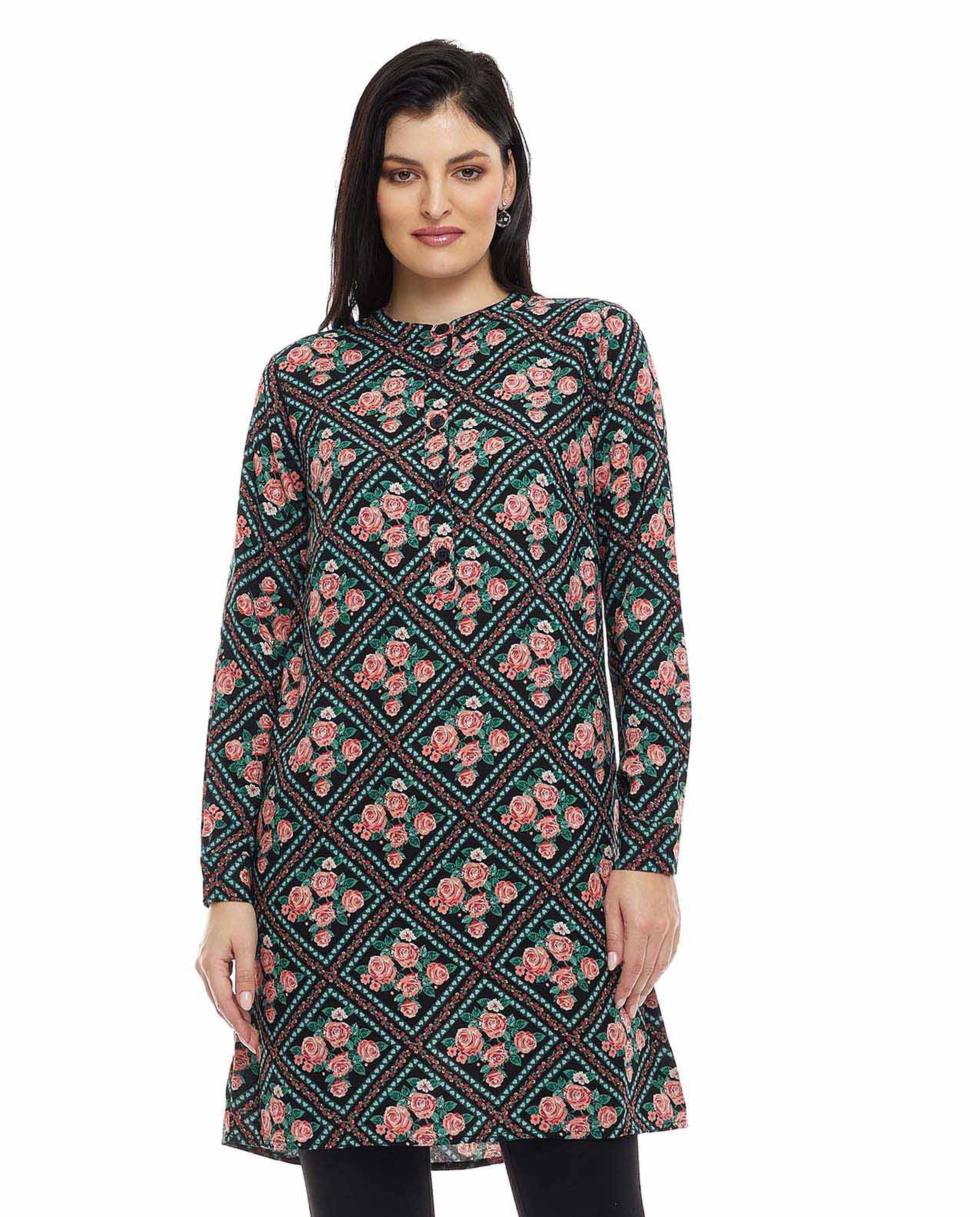 Printed Tunic with Crew Neck and Long Sleeves