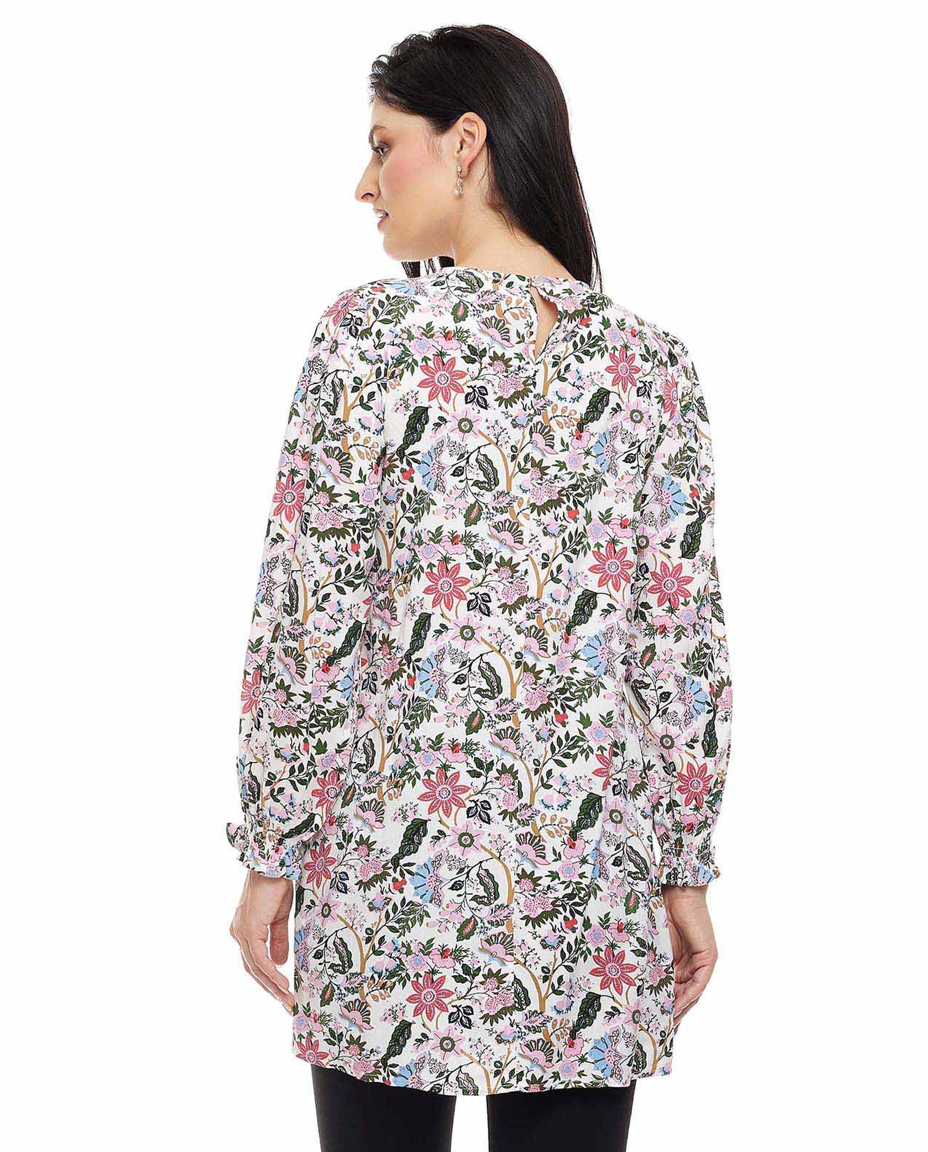 Floral Print Tunic with Crew Neck and Long Sleeves