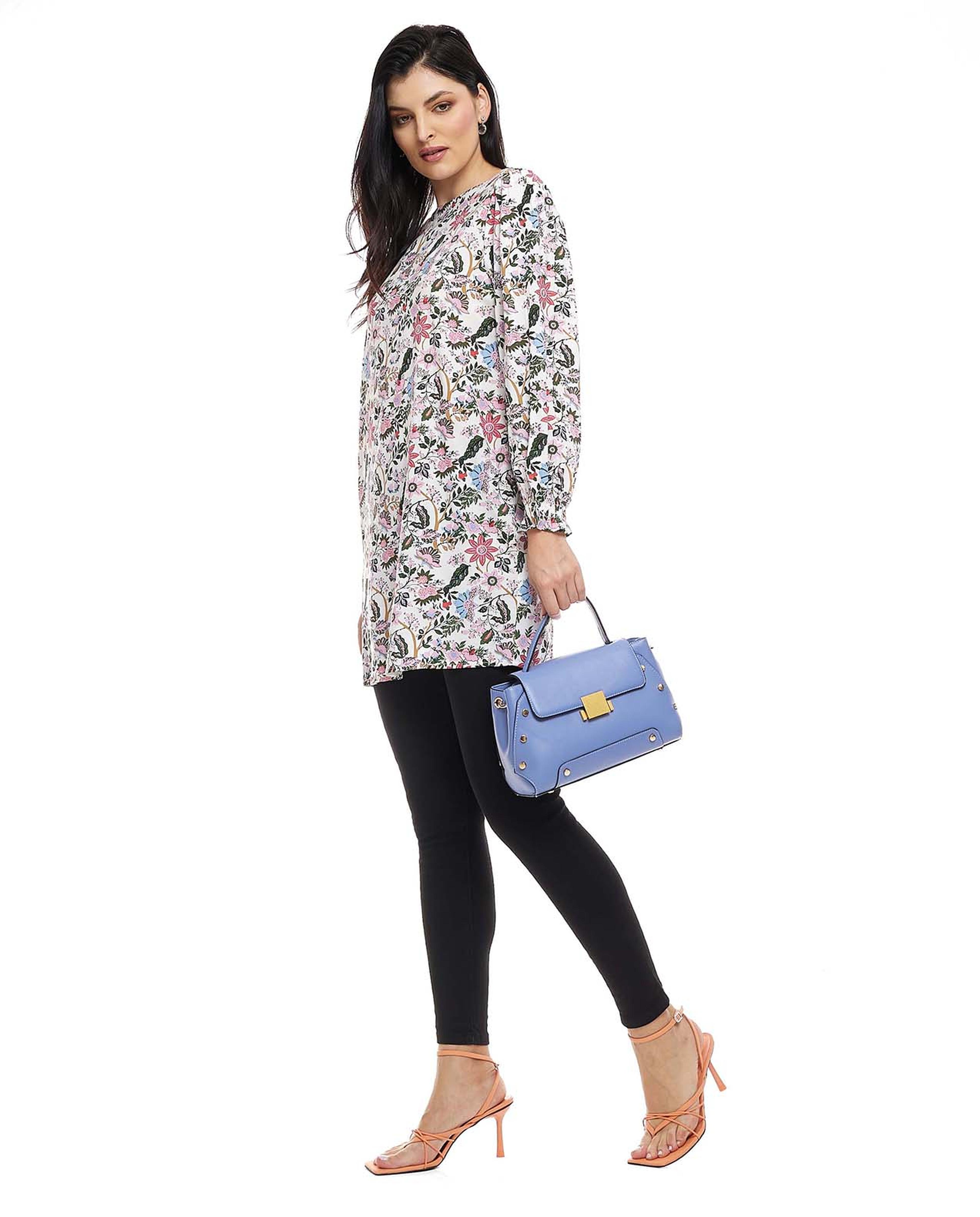 Floral Print Tunic with Crew Neck and Long Sleeves