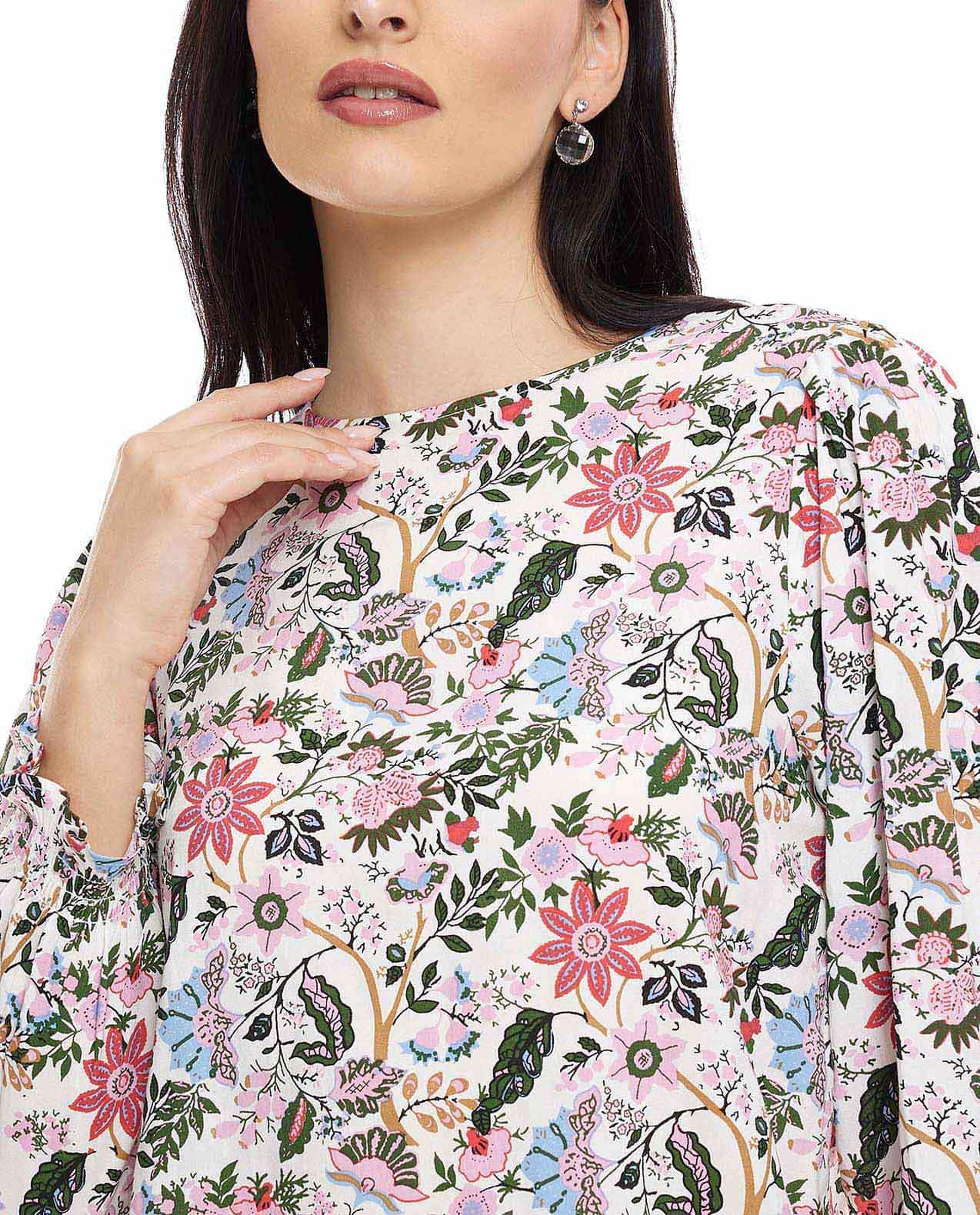 Floral Print Tunic with Crew Neck and Long Sleeves