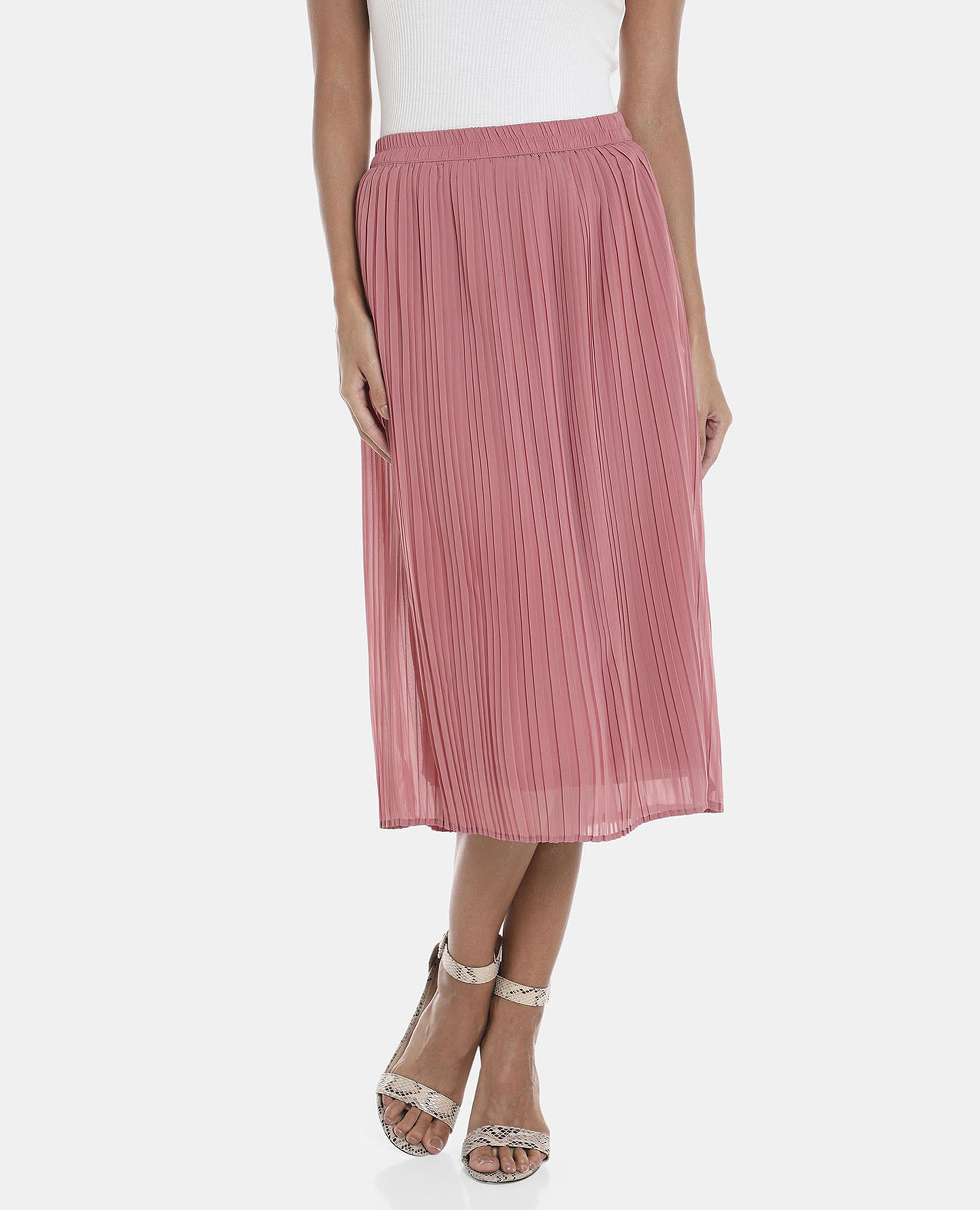 R&B Pink Solid Accordian Pleated Midi Skirt