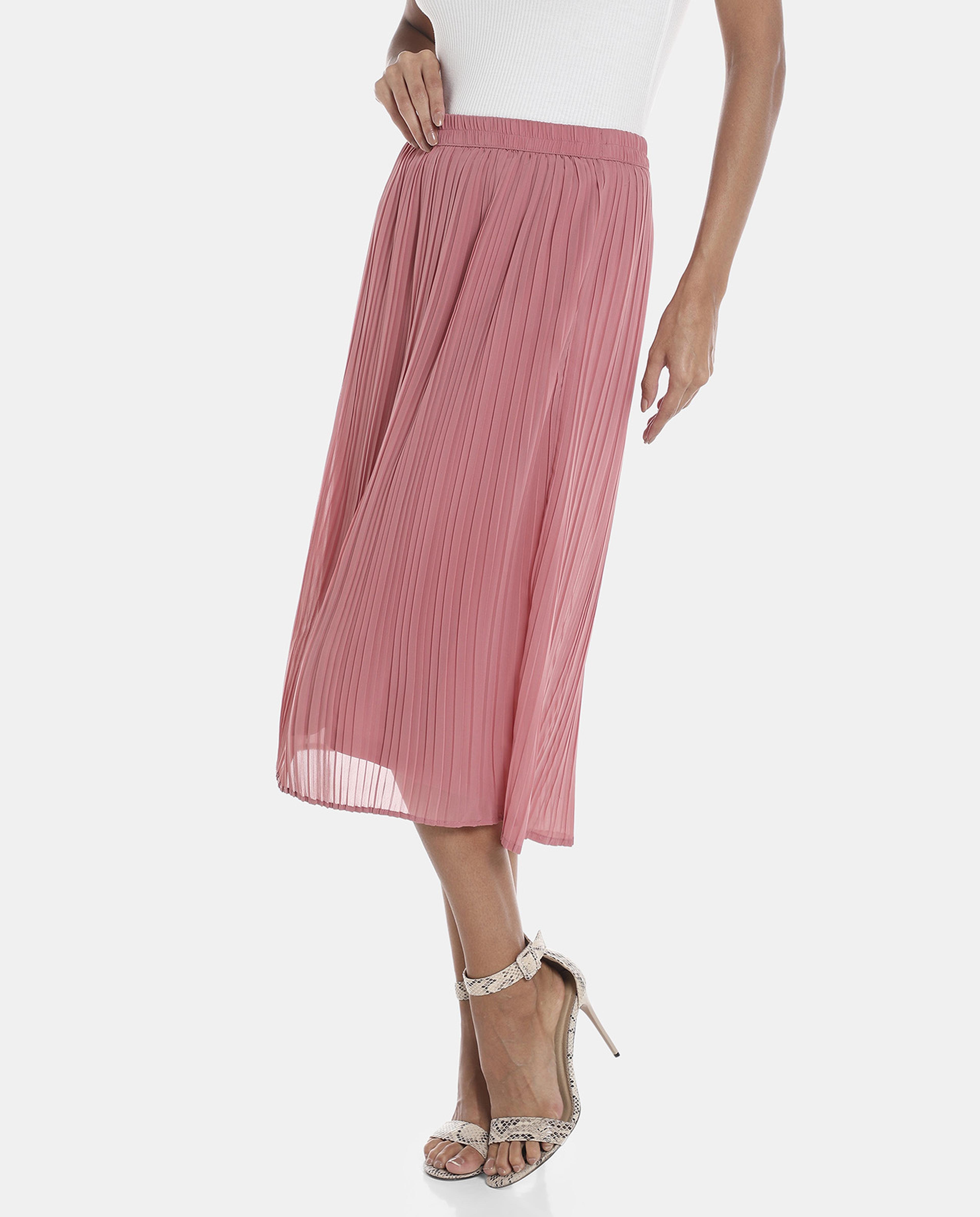 R&B Pink Solid Accordian Pleated Midi Skirt