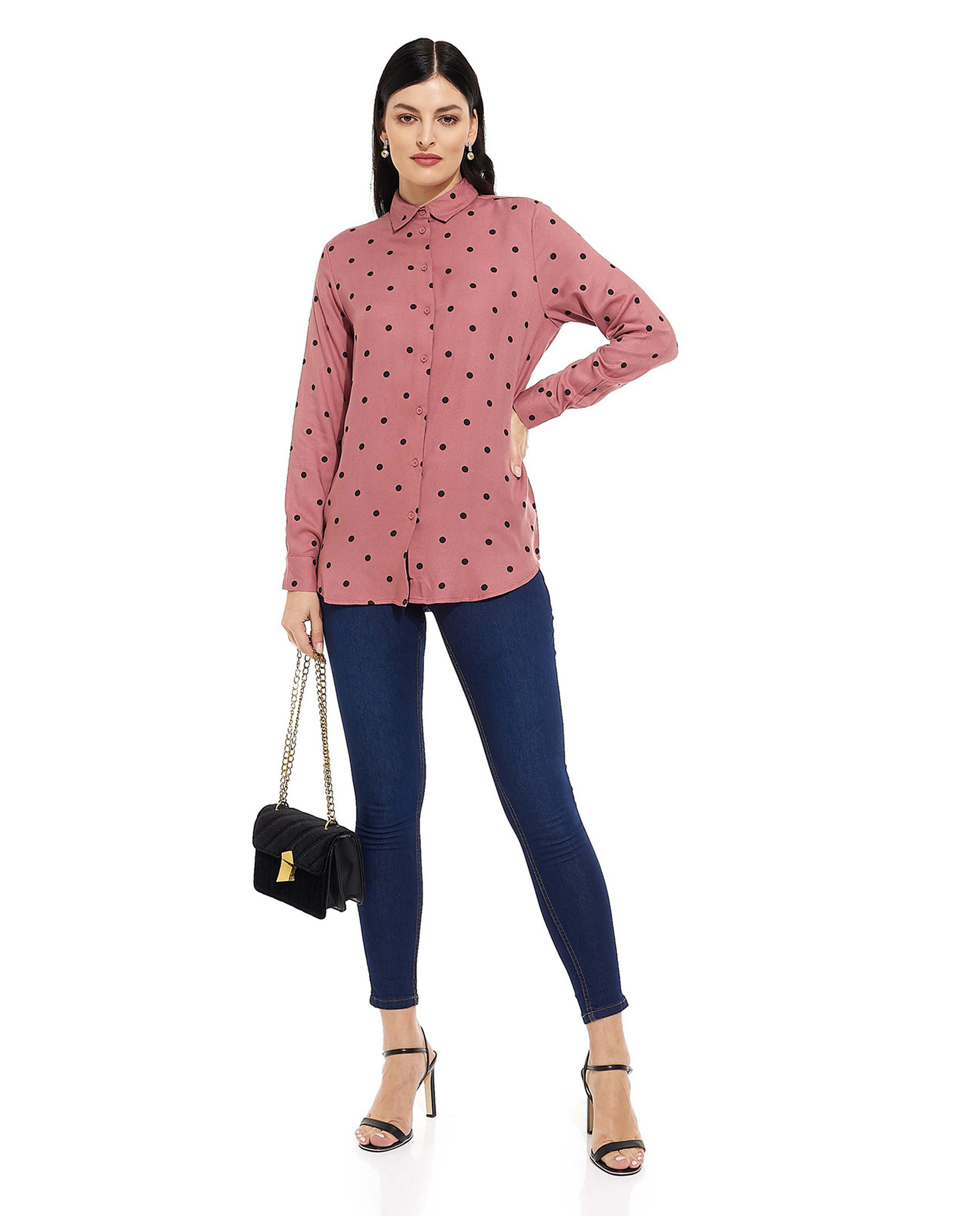 Polka Dot Printed Shirt with Classic Collar and Long Sleeves