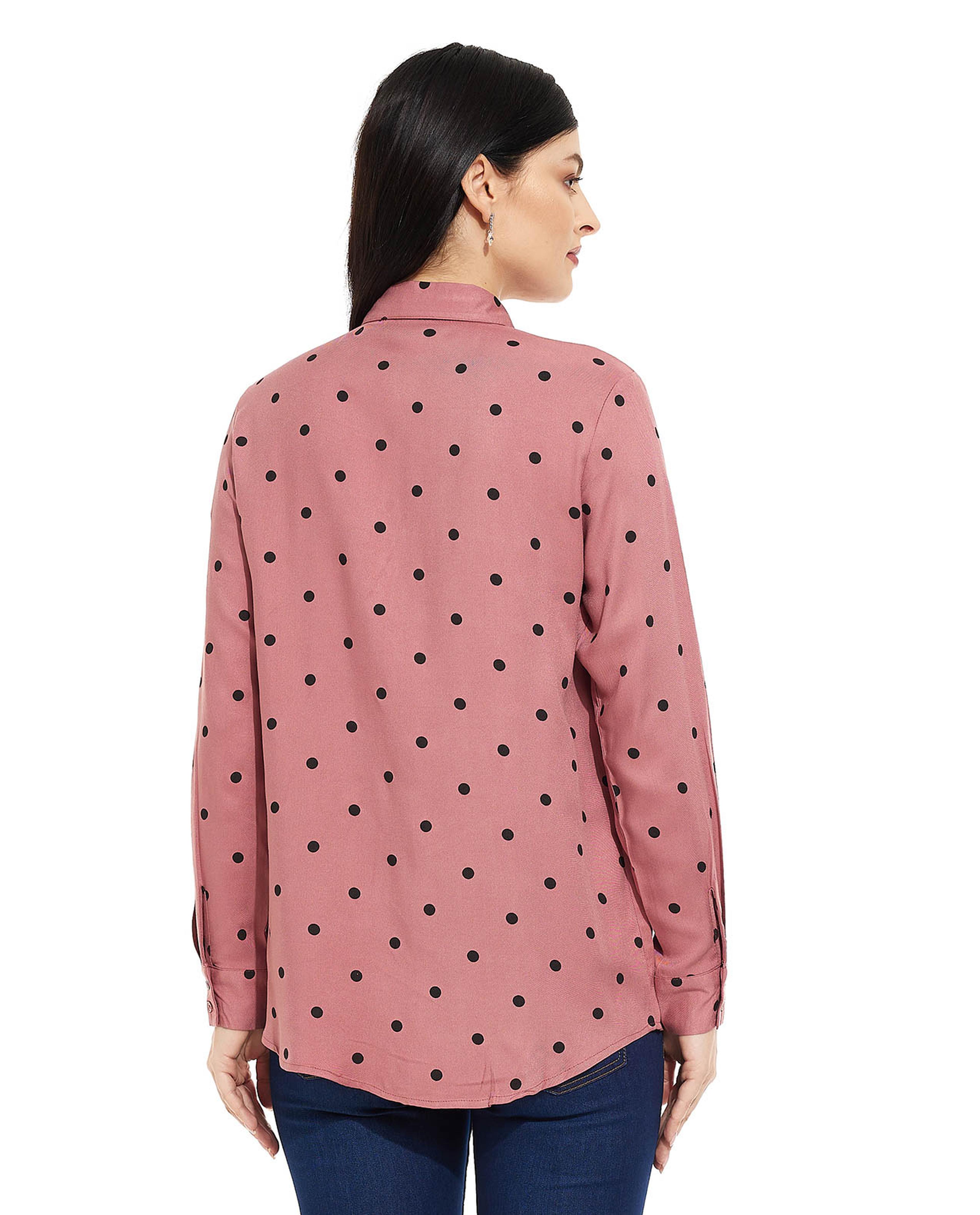 Polka Dot Printed Shirt with Classic Collar and Long Sleeves