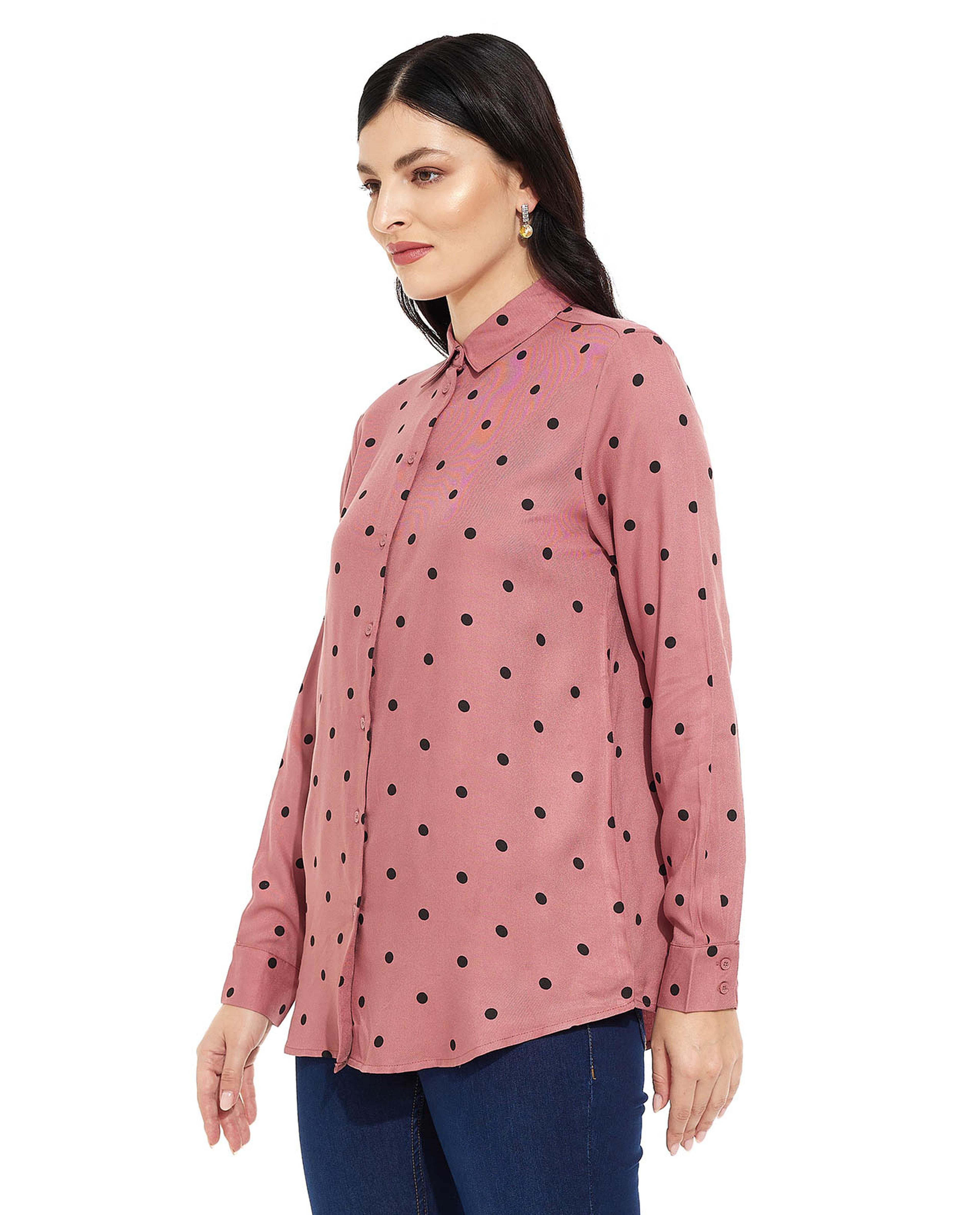 Polka Dot Printed Shirt with Classic Collar and Long Sleeves