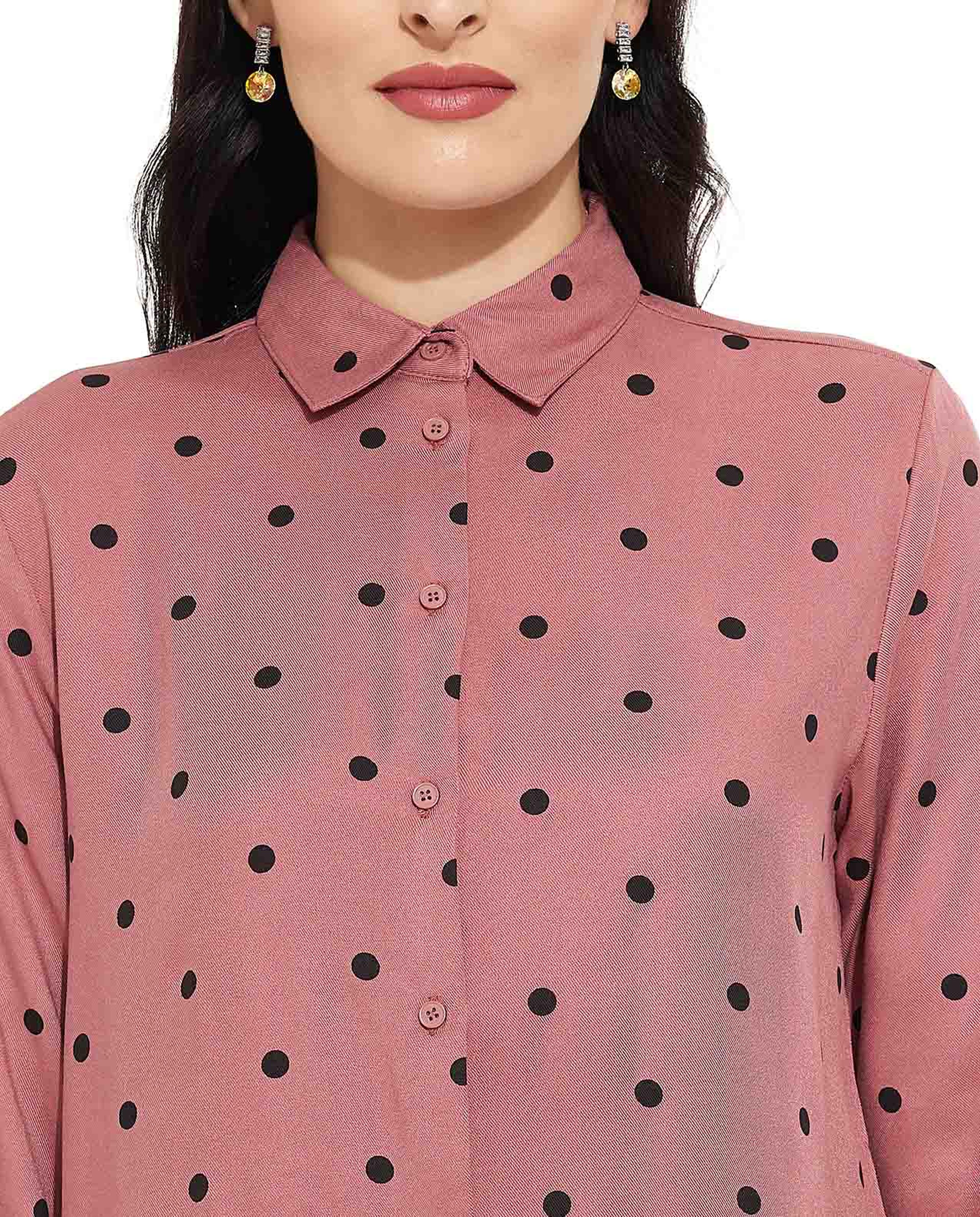 Polka Dot Printed Shirt with Classic Collar and Long Sleeves