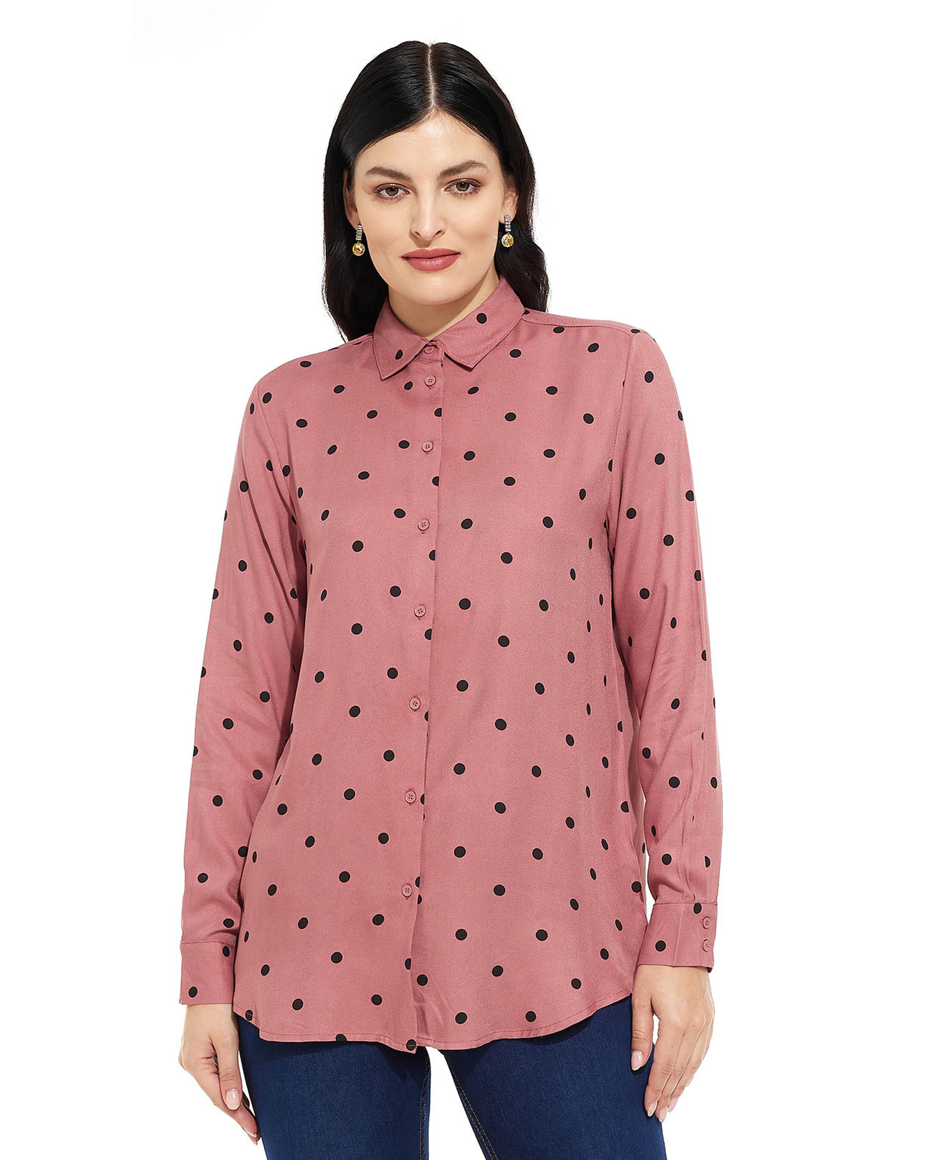 Polka Dot Printed Shirt with Classic Collar and Long Sleeves