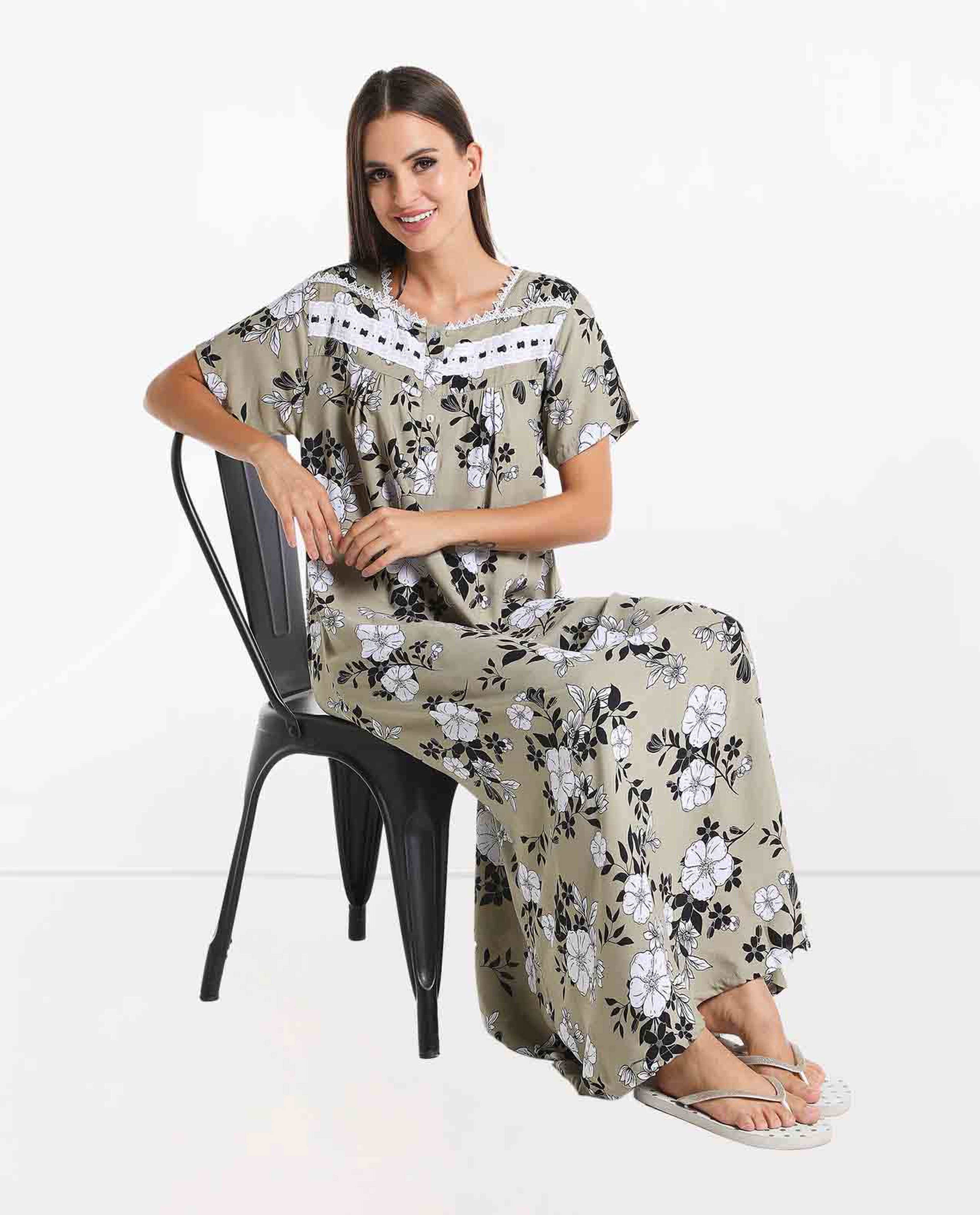 Floral Printed Maxi Night Gown with Lace-Detailed Neck and Short Sleeves
