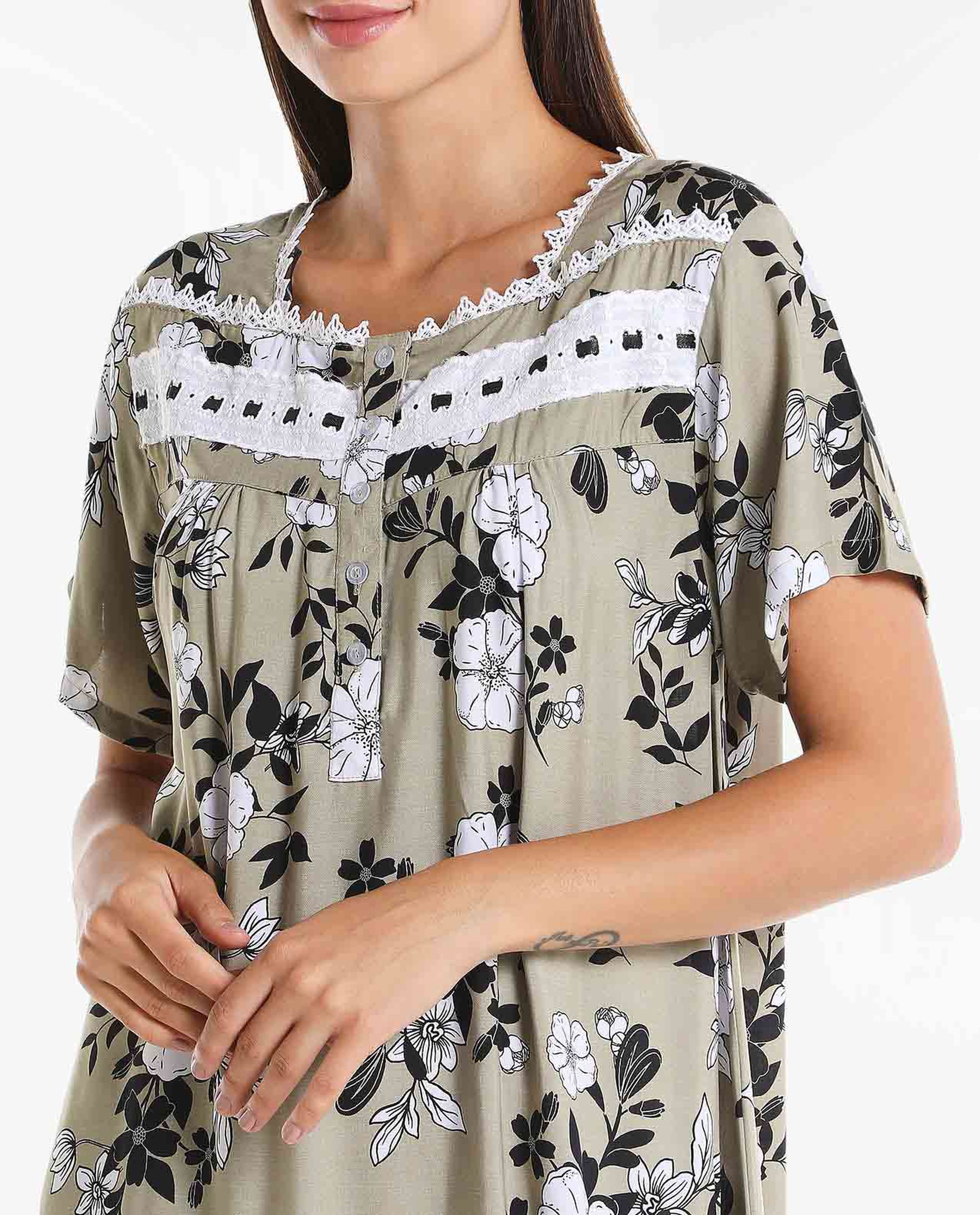 Floral Printed Maxi Night Gown with Lace-Detailed Neck and Short Sleeves