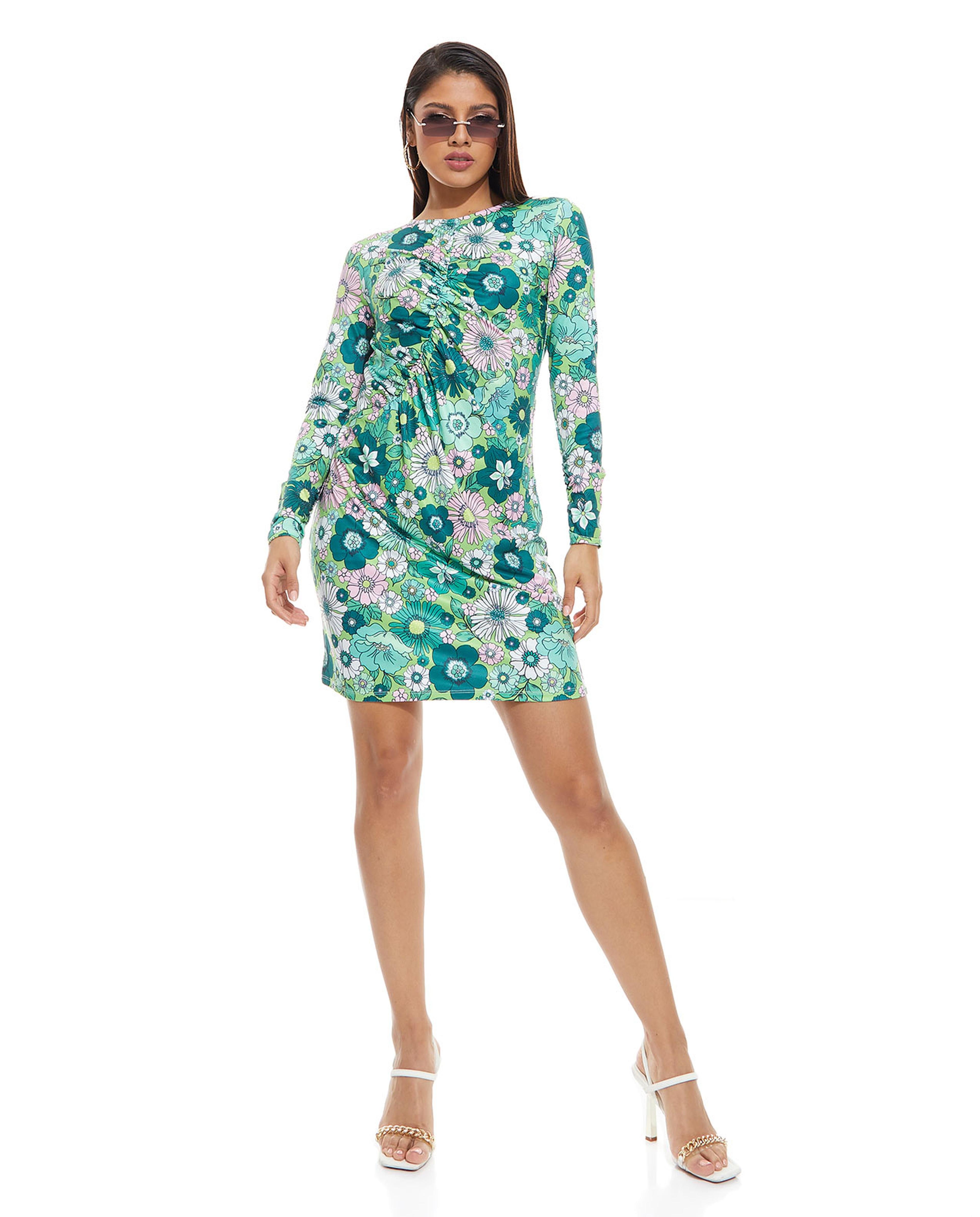 Printed Bodycon Dress with Gathered Detail