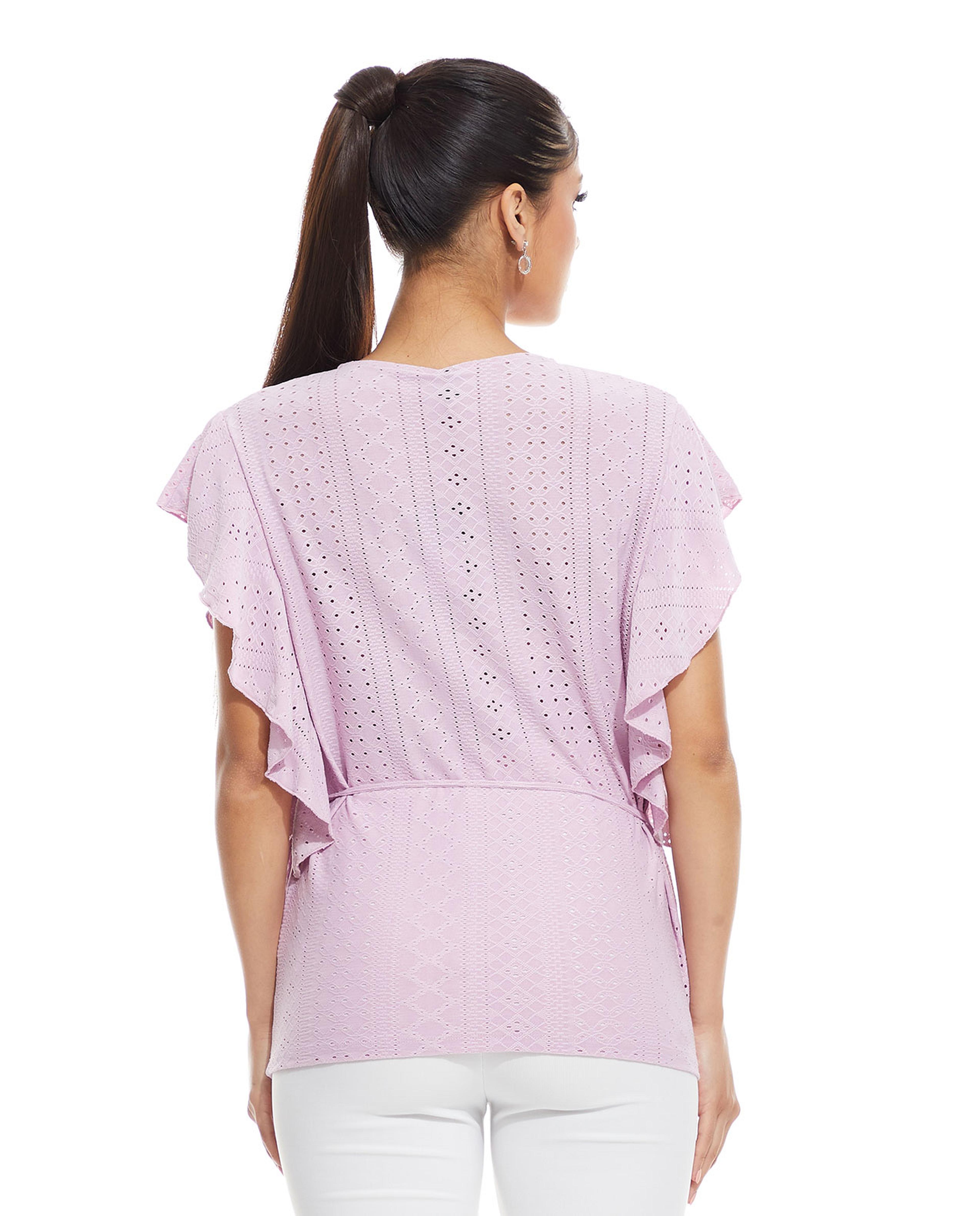 Schiffli Top with V-Neck and Ruffle Sleeves